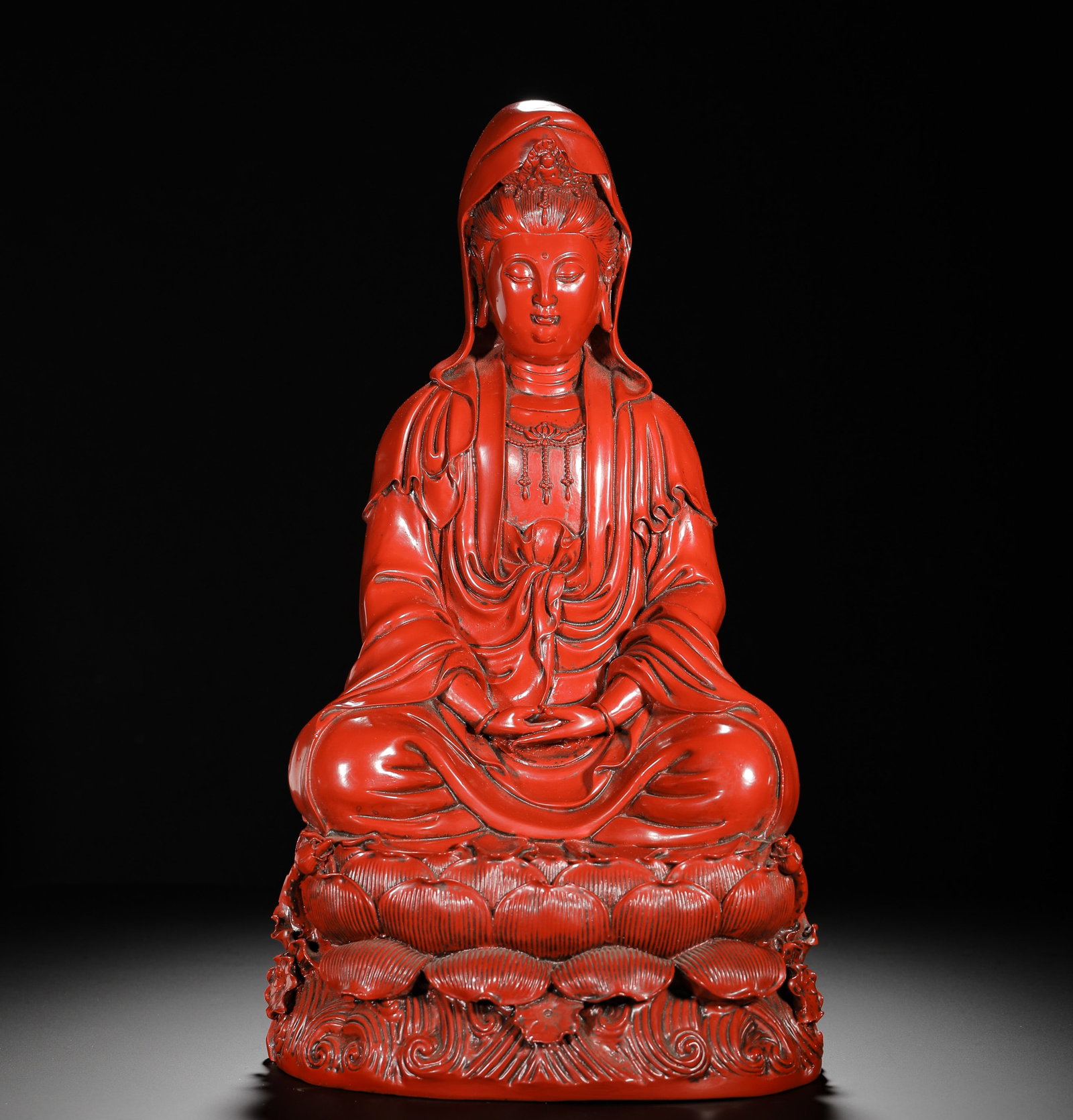QING DYNASTY QIANLONG INSCRIPTION RED LOTUS SEATED GUANYIN STATUE (1 of 9)