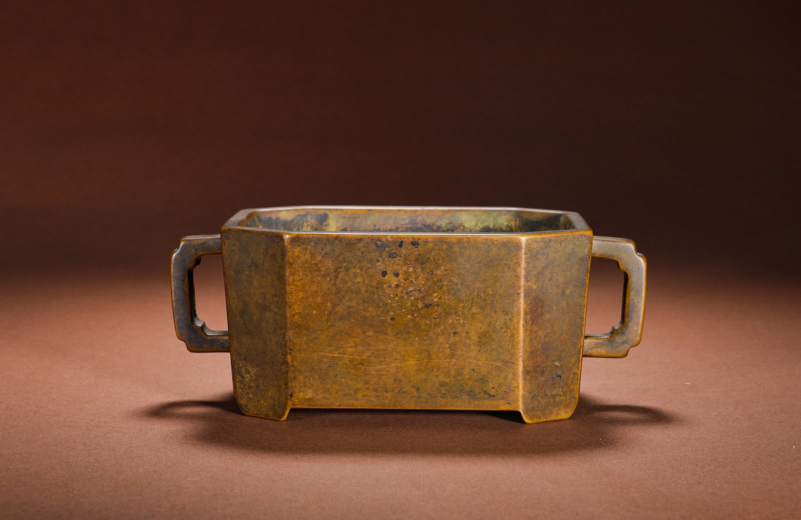 QING DYNASTY, BRONZE DOUBLE-EARED RECTANGULAR FURNACE