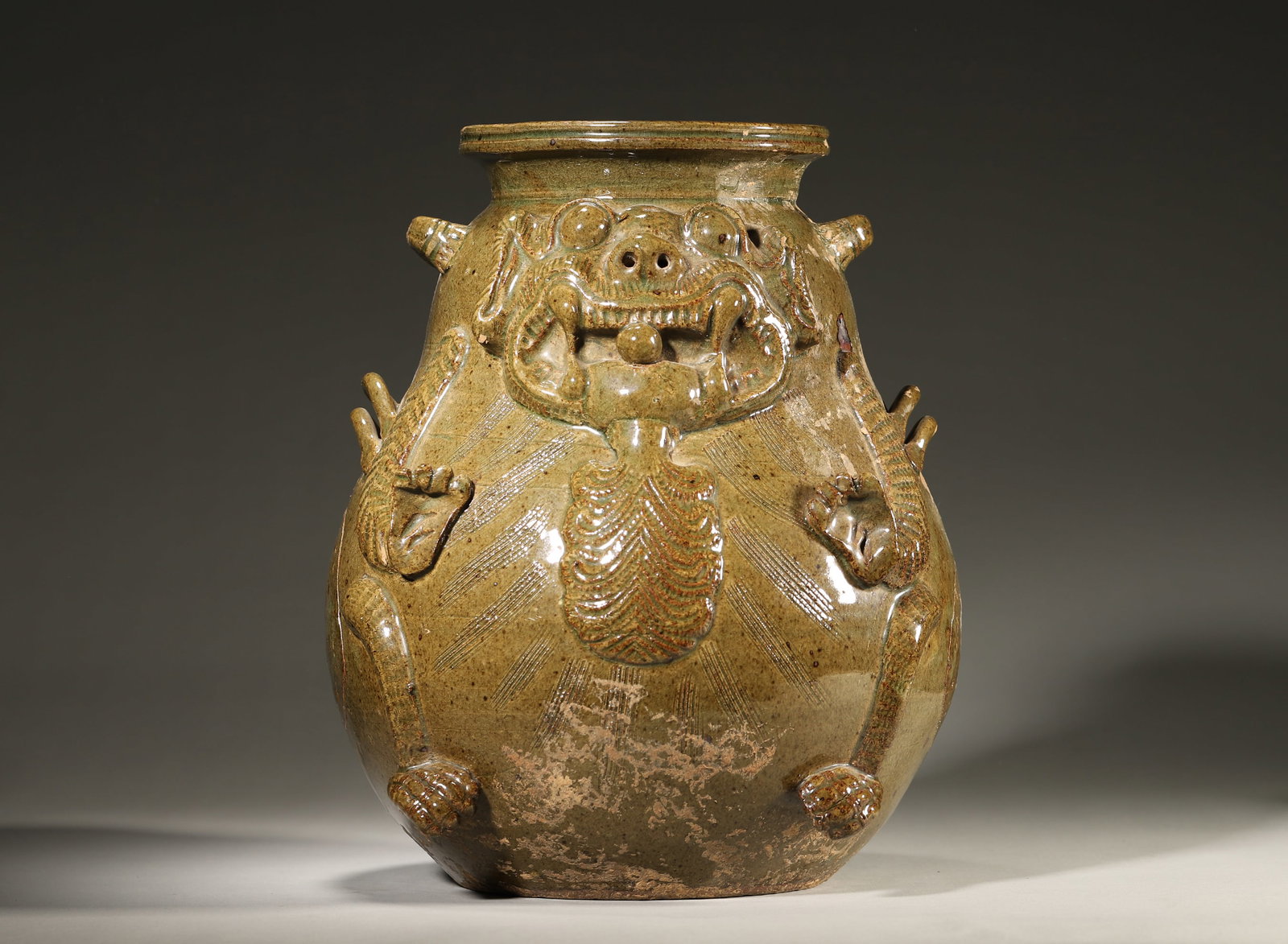 Green-Glazed Jar with Applied Mythical Beast Decoration, Jin Dynasty, 265-420 (1 of 6)