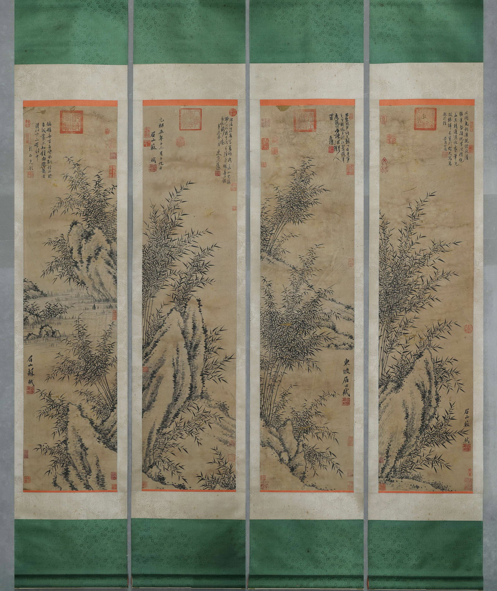 Song Dynasty, Su Shi, Four Hanging Scrolls of Bamboo in Rocky Stream: This set of four hanging scrolls is the classic work of Su Shi in the Song Dynasty, depicting secluded bamboo beside rocky streams. Executed in freehand brushwork, it features unrestrained strokes and
