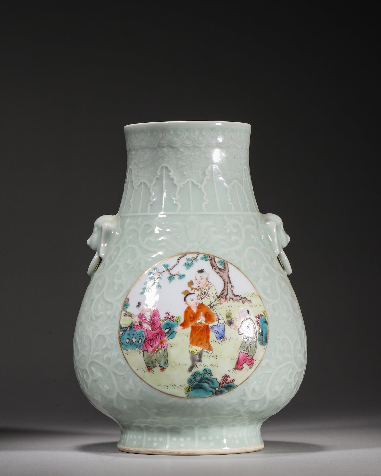Qing Dynasty, Qianlong Mark, Celadon Carved Lotus Zun with Famille Rose Boys Panels (1 of 9)