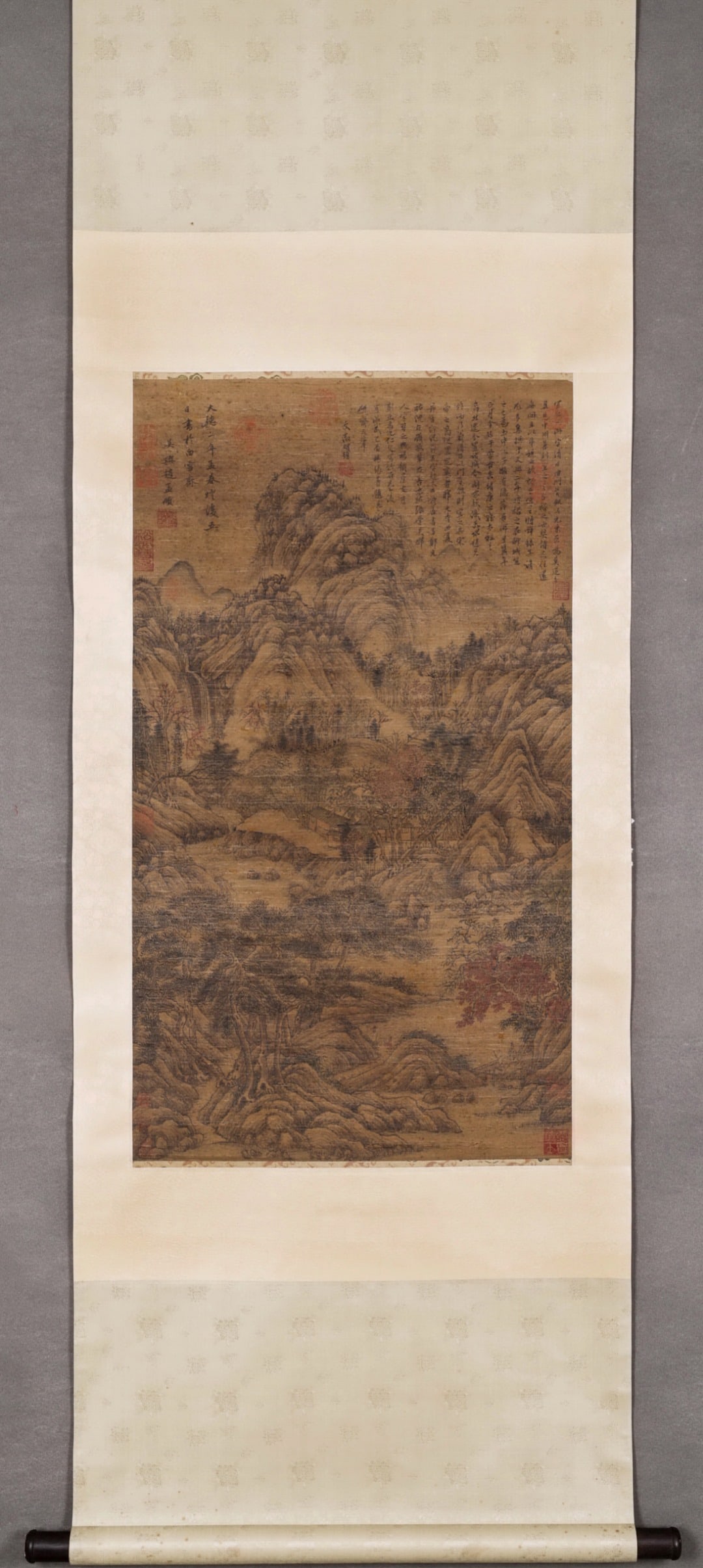 Yuan Dynasty, Zhao Mengfu, Silk Hanging Scroll, "Hermitage by the Bamboo Stream": This hanging scroll is a representative landscape work by Zhao Mengfu of the Yuan Dynasty. It depicts a secluded hermitage by a bamboo stream with elegant and mellow brushwork. With complete inscripti
