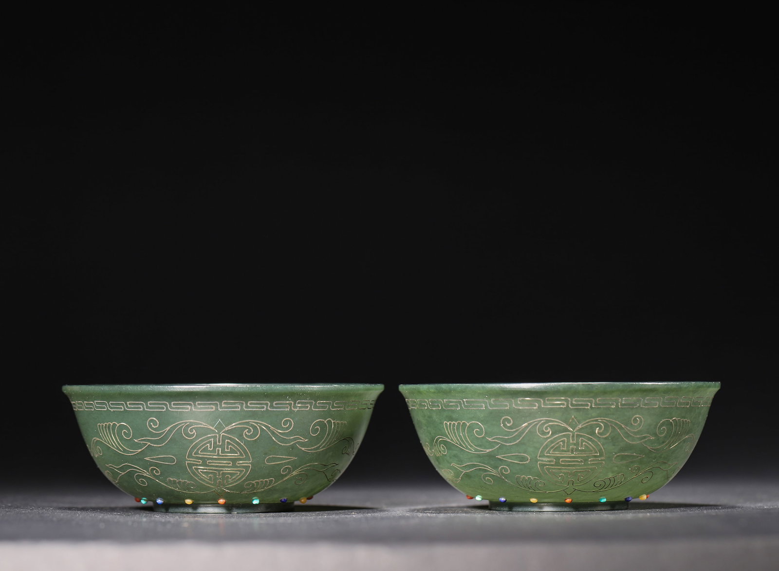 Qing Dynasty, Pair of Spinach Jade Bowls with Gilt-Silver and Gem-Inlaid Shou Motif (1 of 11)