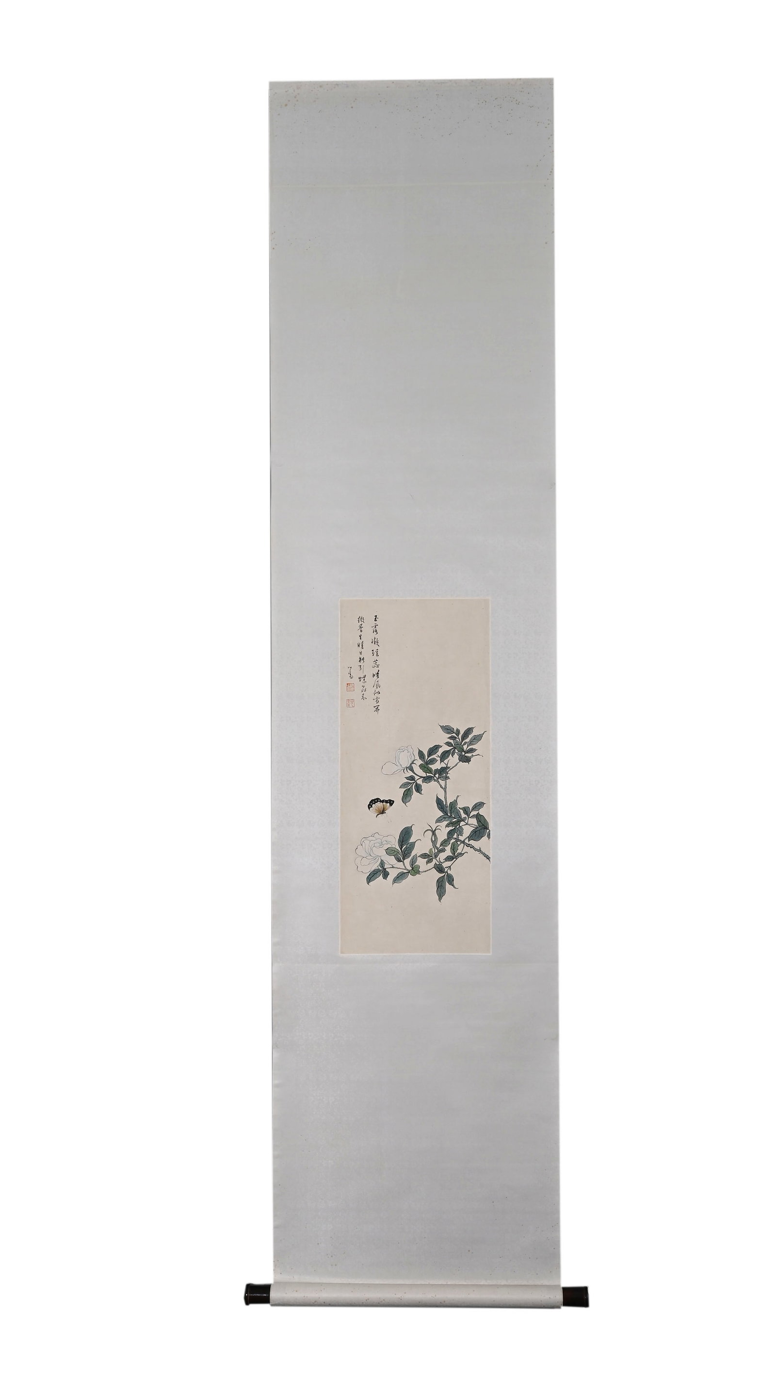 Roses and Butterfly, Pu Ru: Hanging scroll, ink and color on paper. Meticulously painted flowering rose branch with pure white blossoms and delicately outlined foliage, accompanied by a fluttering butterfly. Inscribed with a