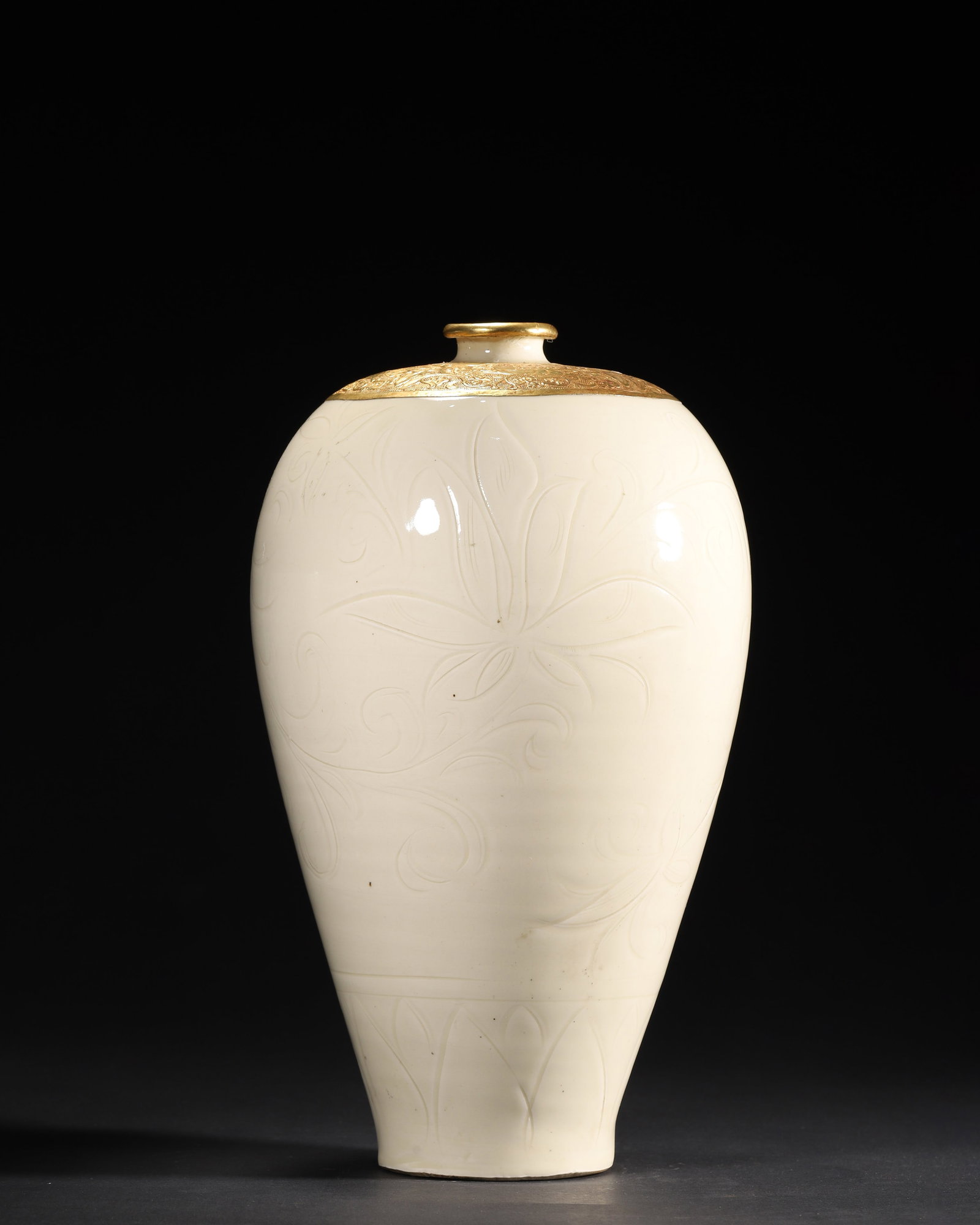Northern Song Dynasty, Dingyao White-Glazed Meiping Vase with Incised Scrolls: This elegant Northern Song Dingyao Meiping features a lustrous ivory-white glaze and delicate incised floral scrolls on the body. The gilt-metal shoulder mount, intricately chased with mythical