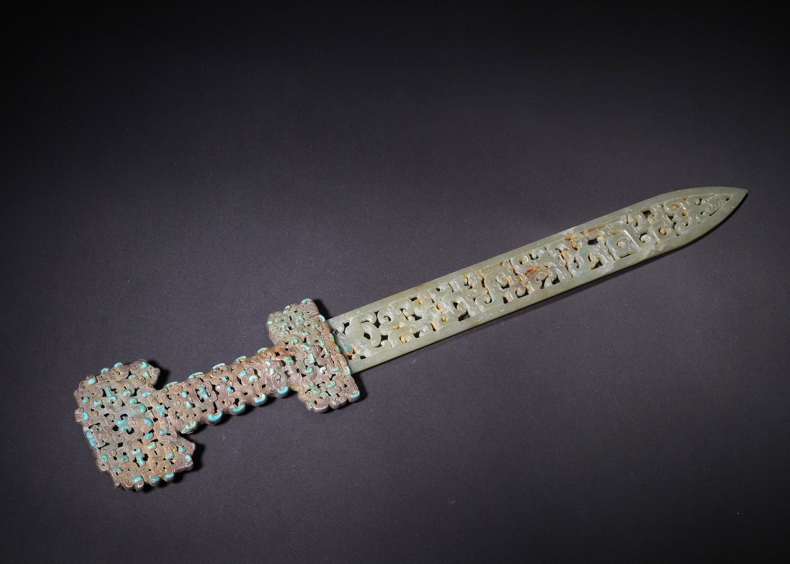 Warring States Period, Celadon Jade Blade with Openwork Dragon-Phoenix Pattern and Bronze Hilt (1 of 7)