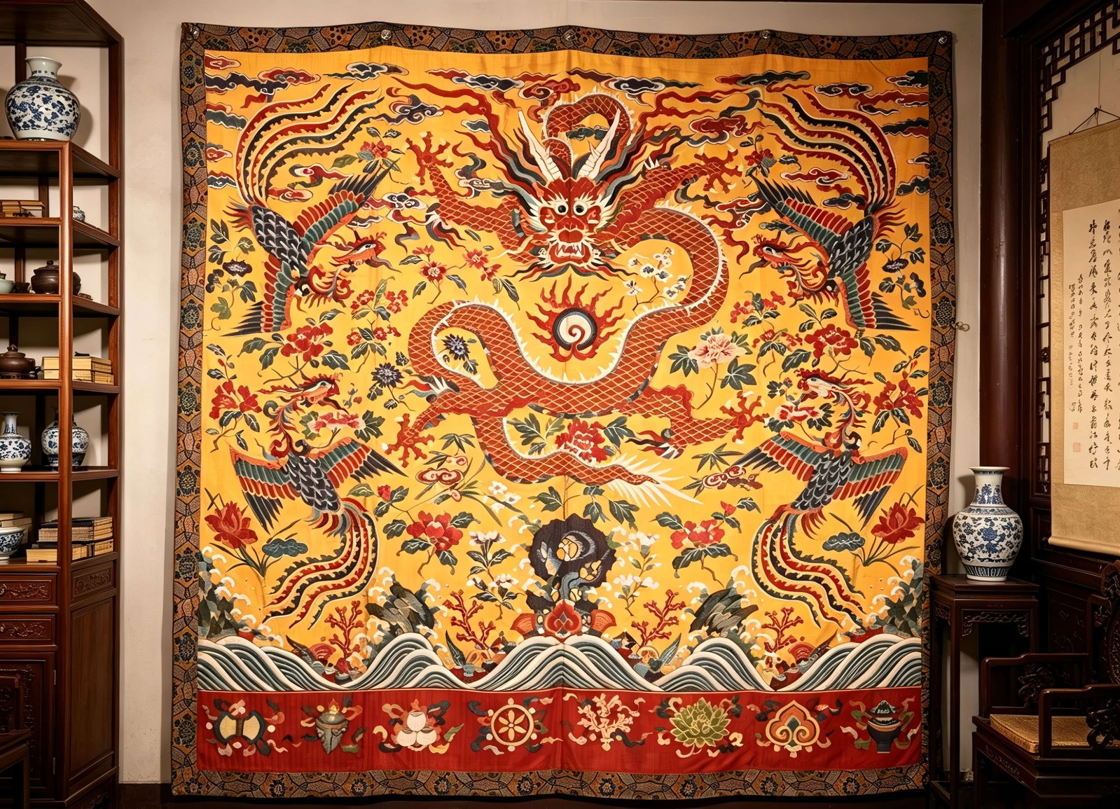 Qing Dynasty, Embroidered Yellow-Ground Dragon and Phoenix Panel (1 of 9)