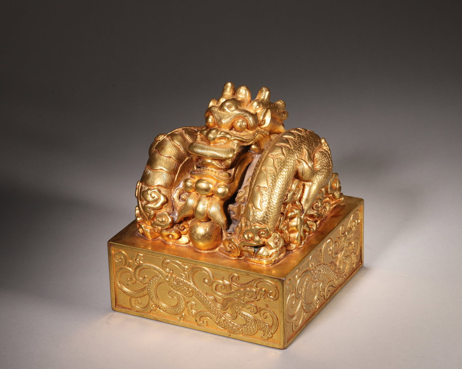 Qing Dynasty, Gilt Bronze Dragon-Form Imperial Seal (1 of 9)