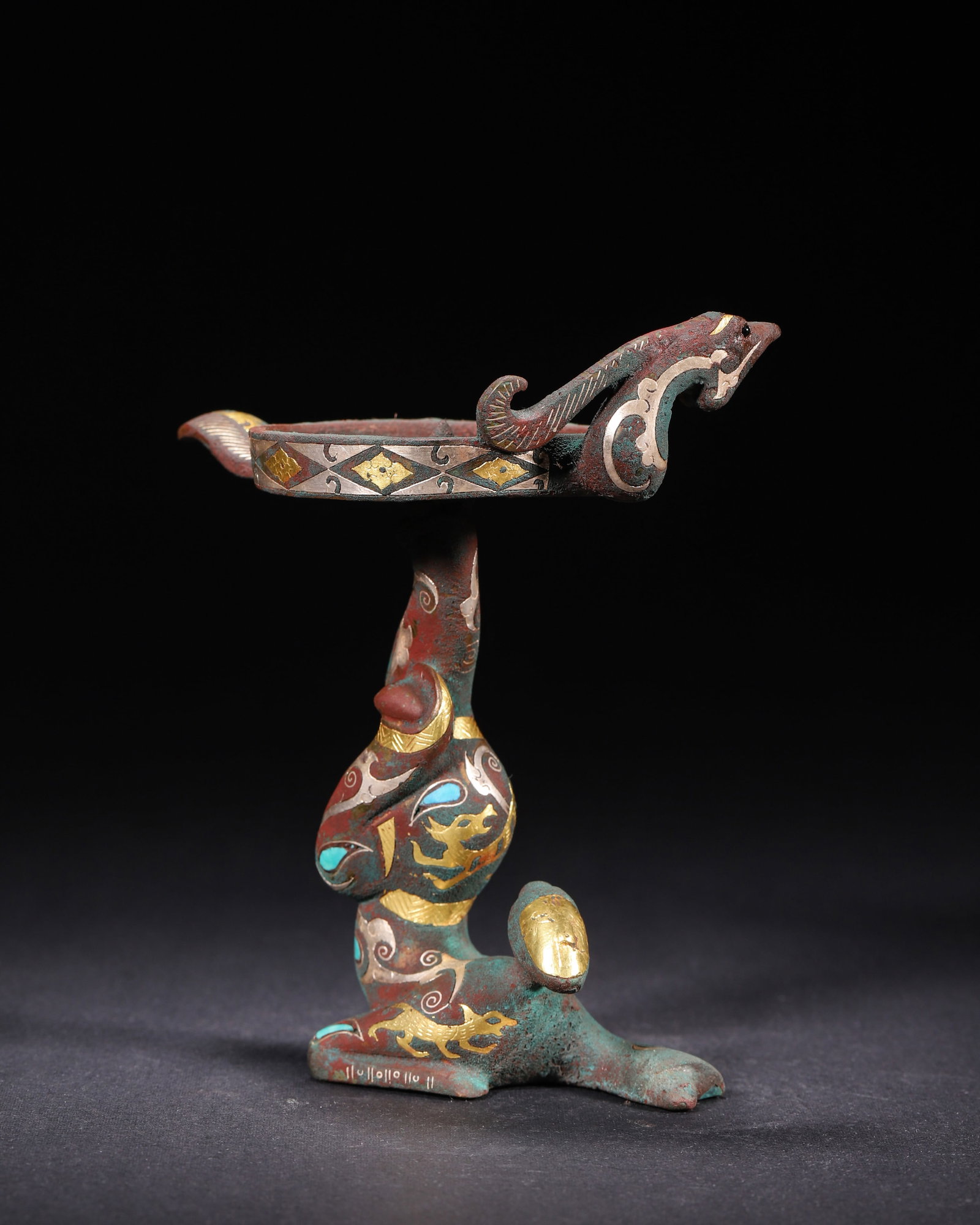 Han Dynasty, Gold and Silver Inlaid Bronze Oil Lamp Supported by Mythical Beast (1 of 8)