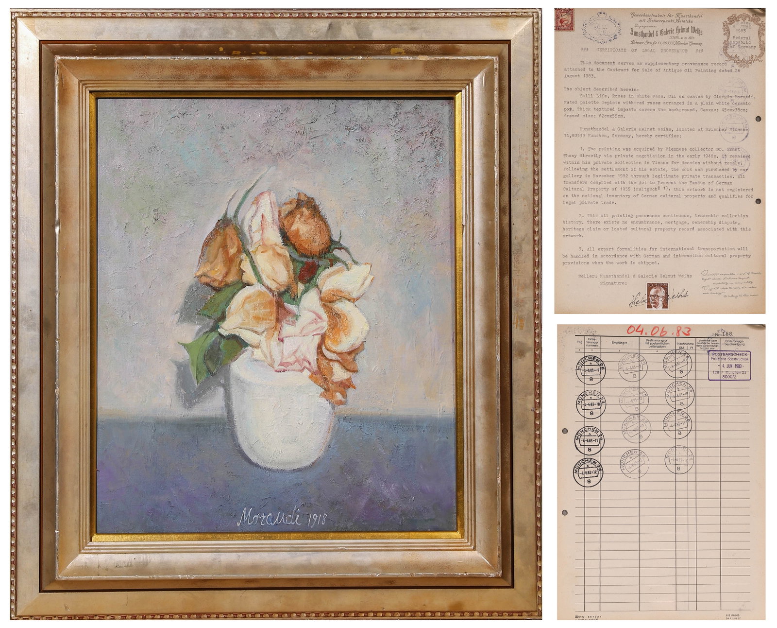 Giorgio Morandi (Italian, 1890-1964), Oil on Canvas, in the manner of, Dated 1918: CERTIFICATE OF LEGAL PROVENANCE This document serves as supplementary provenance record attached to the Contract for Sale of Antique Oil Painting dated 26 August 1983. The object described herein: Sti