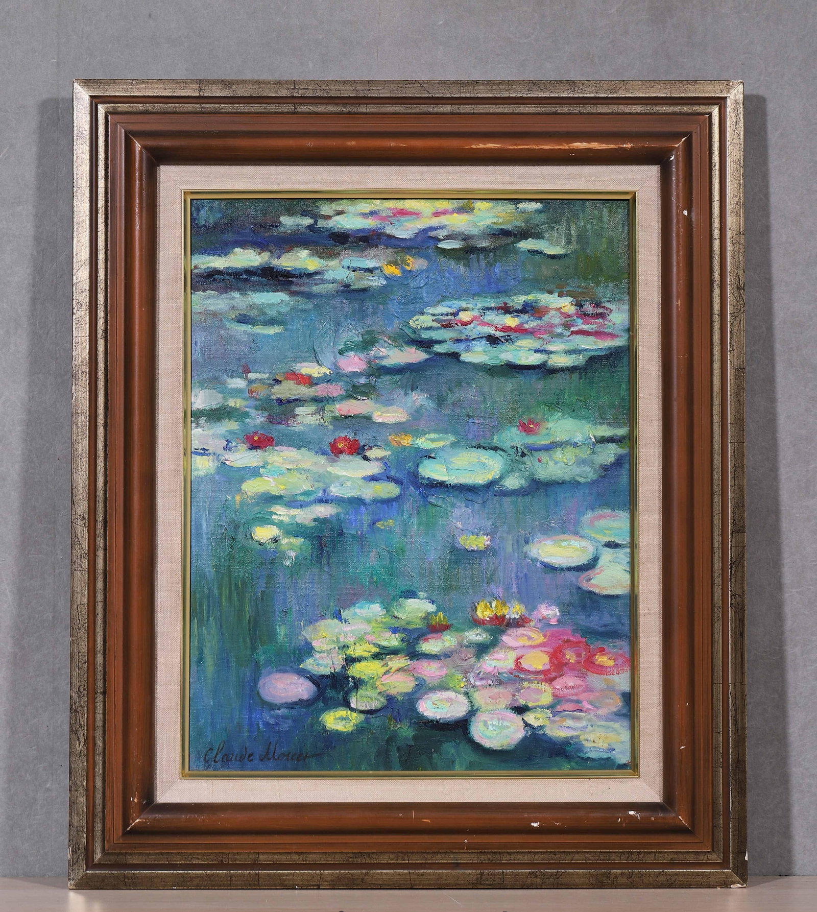 Claude Monet (French, 1840-1926), in the manner of, Oil on Canvas, Water Lilies: Dimensions: Frame Width: 57cm (22.44in), Frame Height: 47cm (18.5in), Image Width: 40cm (15.75in), Image Height: 31cm (12.2in) Item description © The East is Red Auctions