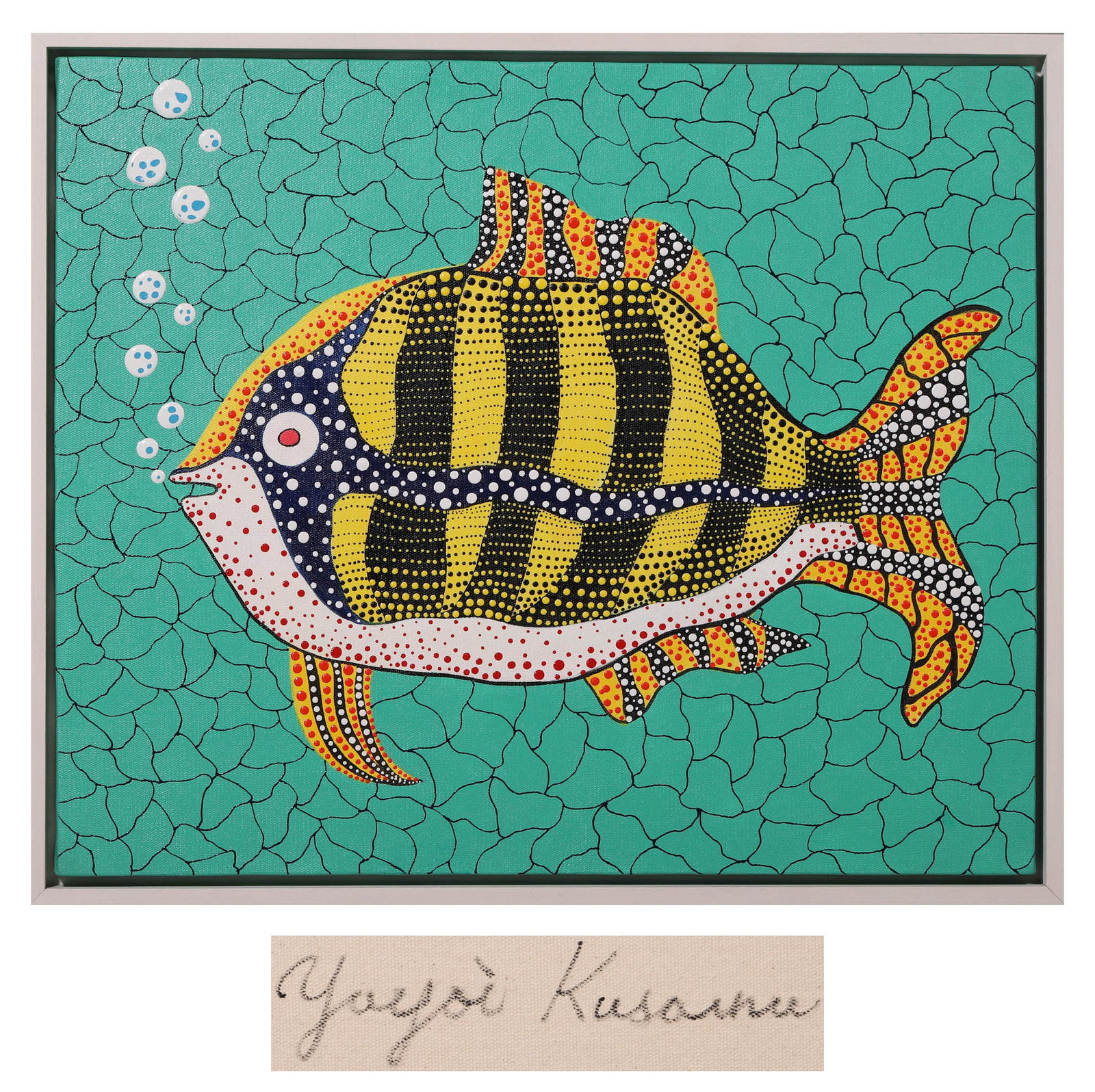 Yayoi Kusama (Japanese, b. 1929), in the manner of, Acrylic on Canvas, Dated 2001: Dimensions: Frame Length: 64cm (25.2in), Frame Width: 54cm (21.26in), Painting Length: 60cm (23.62in), Painting Width: 50cm (19.69in) Item description © The East is Red Auctions