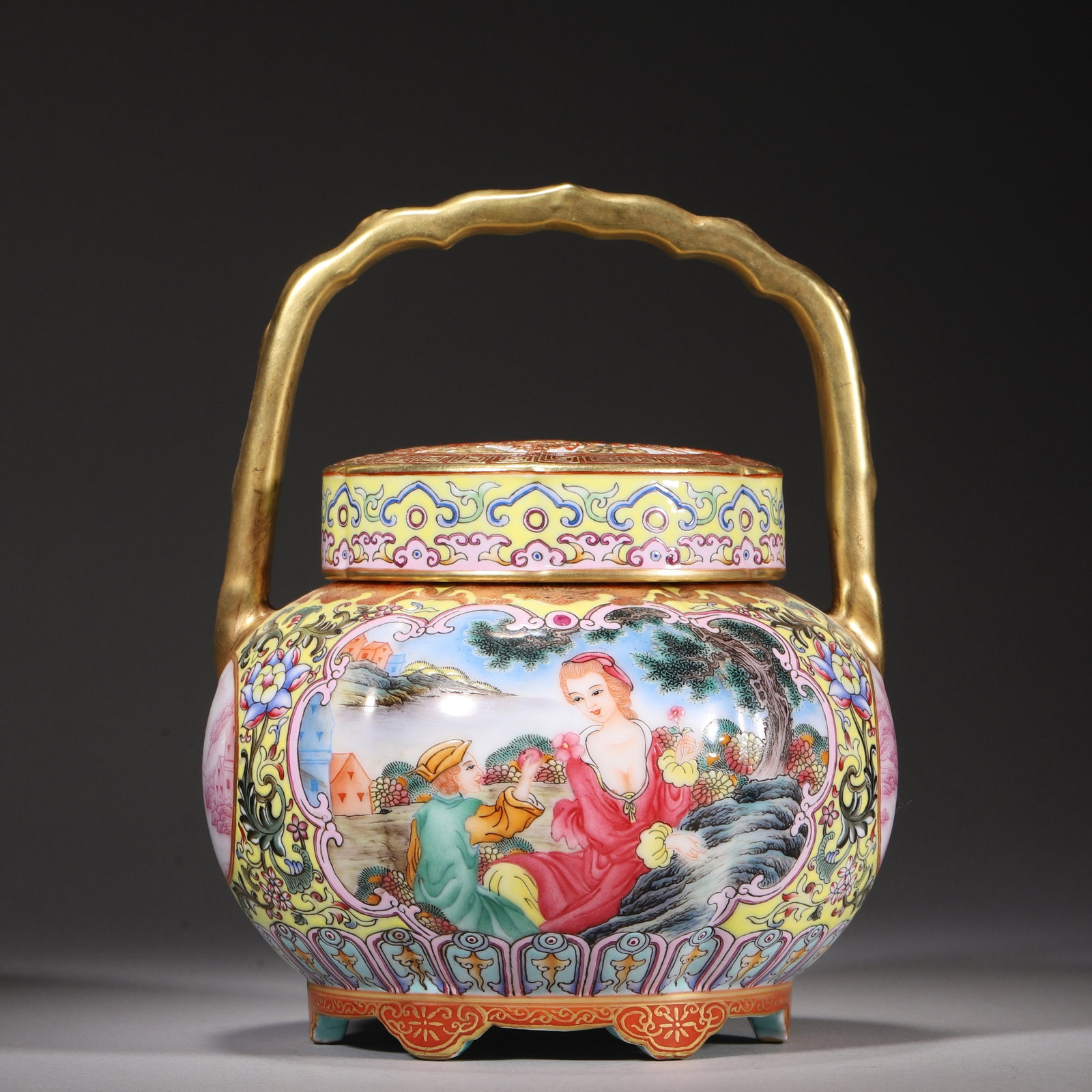 Qing Dynasty, Qianlong Period, Foreign Enamel Gilt Warming Pot with European Figure Panels: Qing Dynasty imperial warming pot marked Qianlong. Yellow ground with scrolling lotus enamel, four panels painted European pastoral figures and crimson landscape. Movable wavy gilt handle, gilt dragon