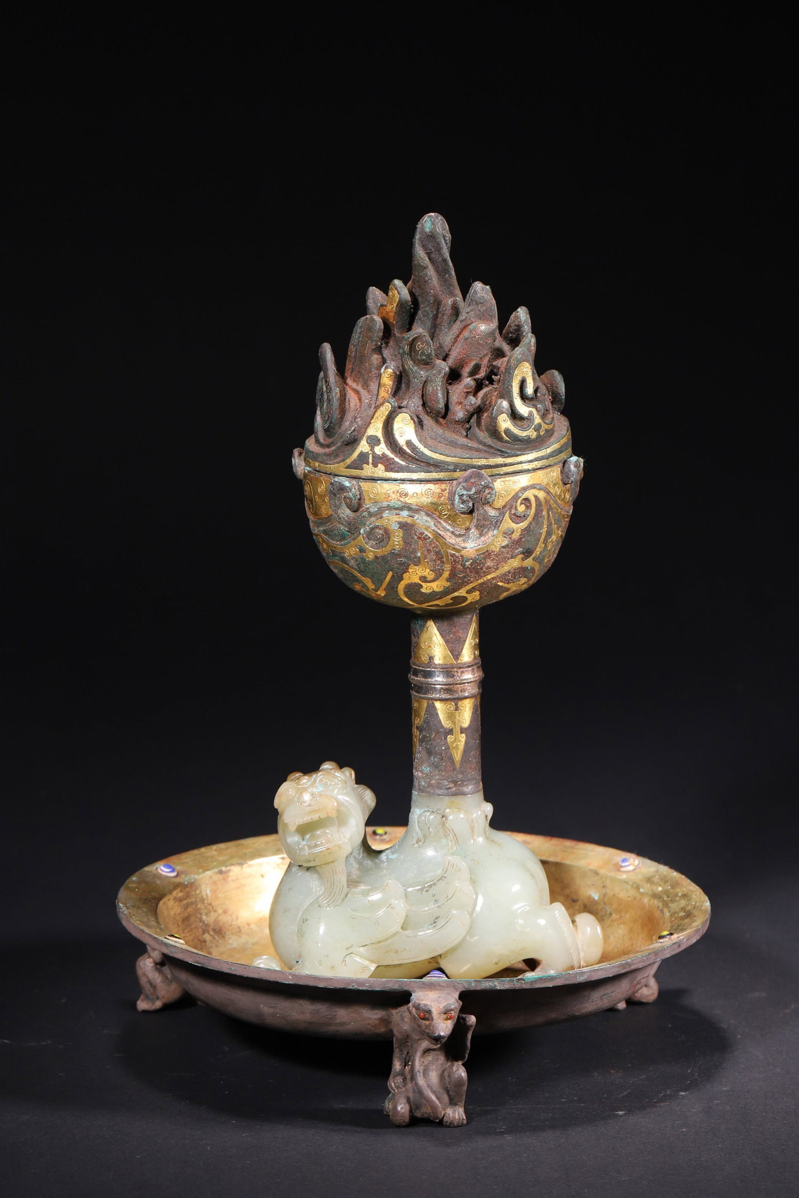 Warring States Period, Gold and Silver Inlaid Boshan Censer with Jade Beast Base (1 of 11)