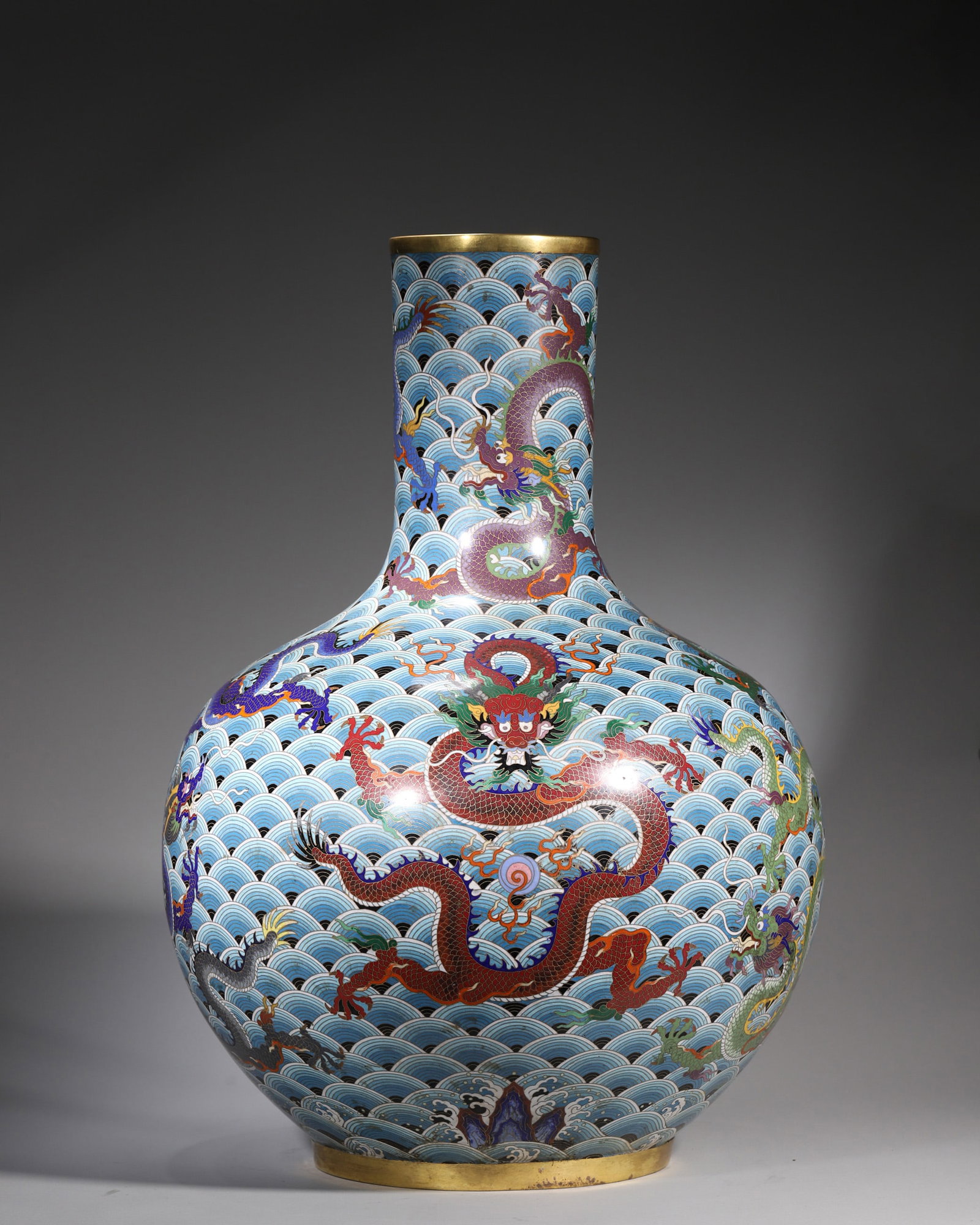 Qing Dynasty, Cloisonné Enamel 'Nine Dragons' Celestial Sphere Vase (1 of 12)