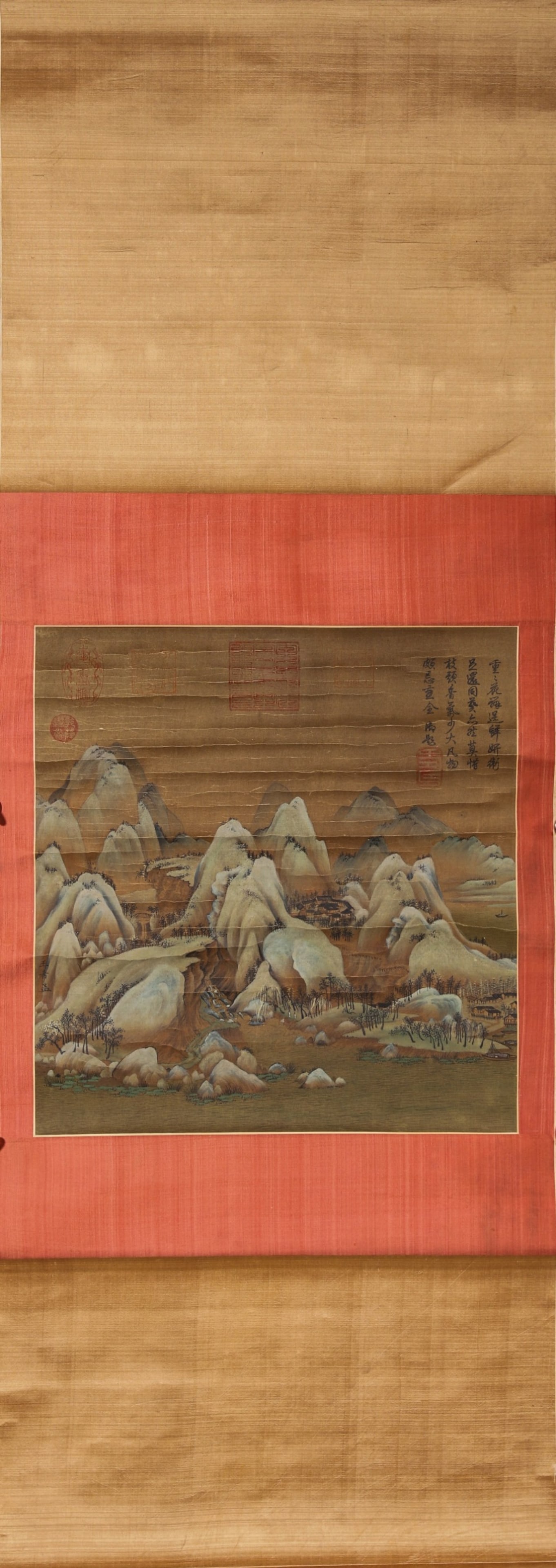 Song Dynasty, Silk Color Landscape Painting, in the manner of Wang Ximeng: This is a Song Dynasty-style color landscape painting on silk, in the manner of Wang Ximeng. It depicts snow-capped mountains, cold forests and a lone boat with meticulous brushwork and elegant colors