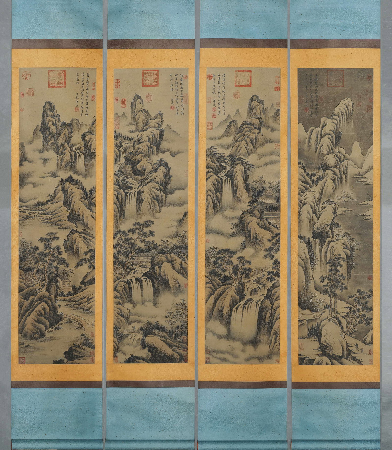 Ming Dynasty, Tang Yin, Set of Four Hanging Scrolls of Scenic Landscapes: This set of four hanging scrolls is an authentic landscape work by Tang Yin of the Ming Dynasty. It depicts layered mountains, secluded valleys, vigorous pines and misty clouds with elegant and mellow