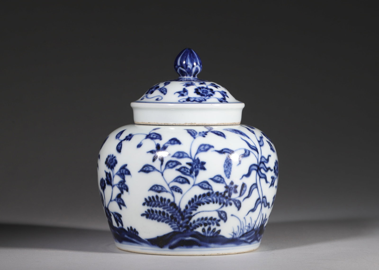 Ming Dynasty, Xuande Period, Blue and White Lidded Jar with Floral Garden Scene: A Ming Xuande porcelain lidded jar with lotus-shaped pearl knob cover painted with scrolling blooms. The body is fully decorated with a garden landscape featuring daisies, orchids, reeds and ferns gro