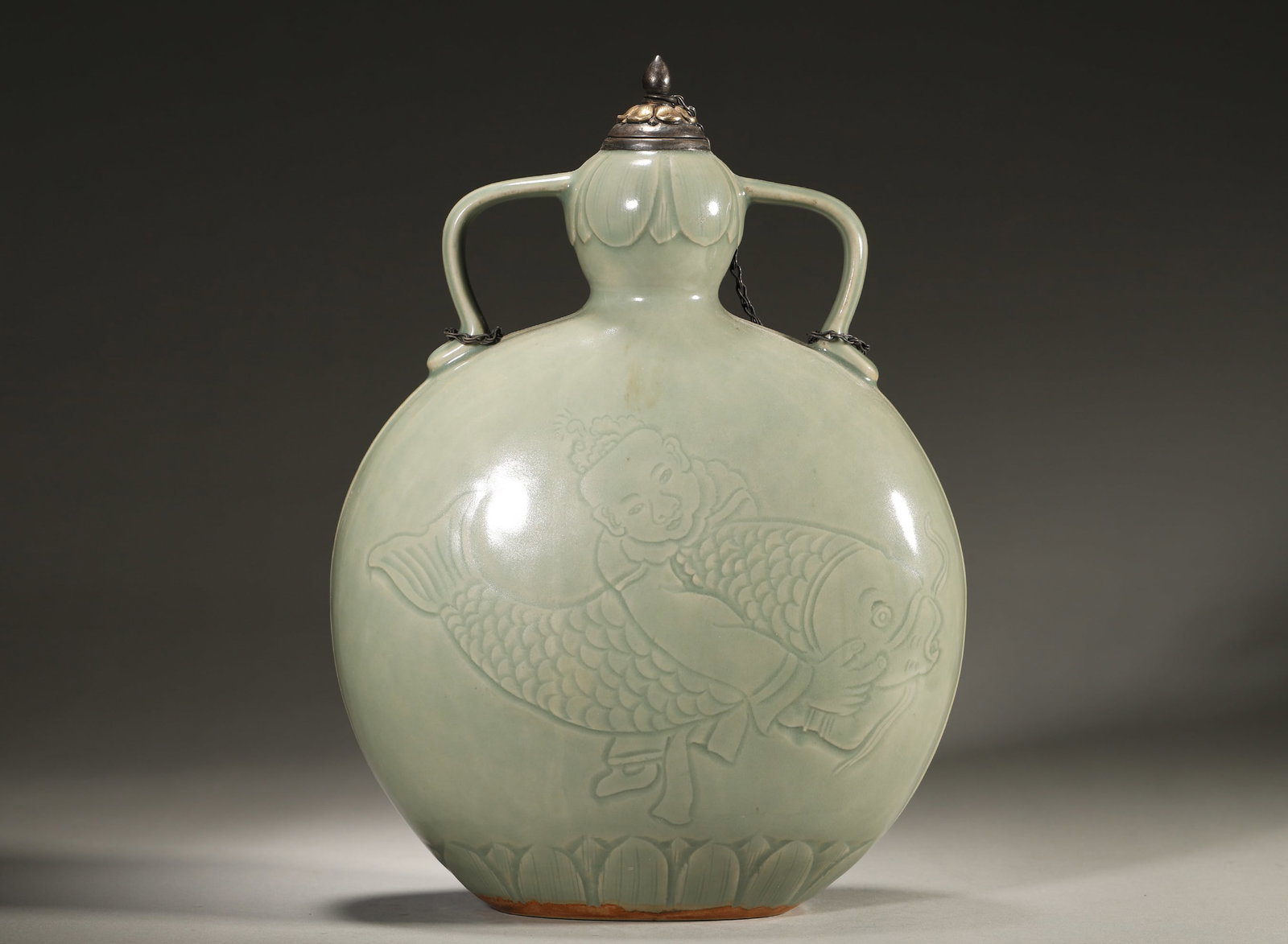Korean Celadon Incised Fish and Child Moon Flask, Song Dynasty, 960-1279 (1 of 5)