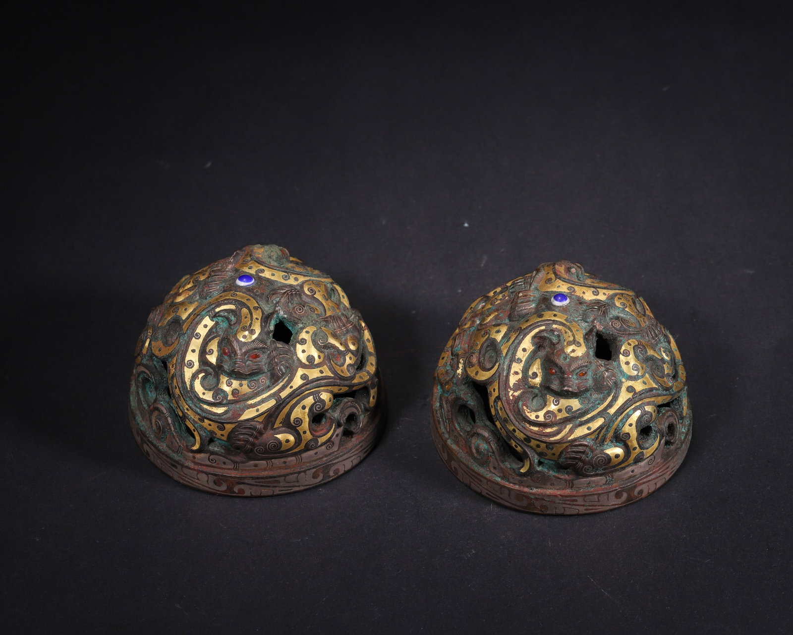 Warring States Period, Gold and Silver Inlaid Bronze Paperweights with Chilong Motifs, Pair (1 of 8)