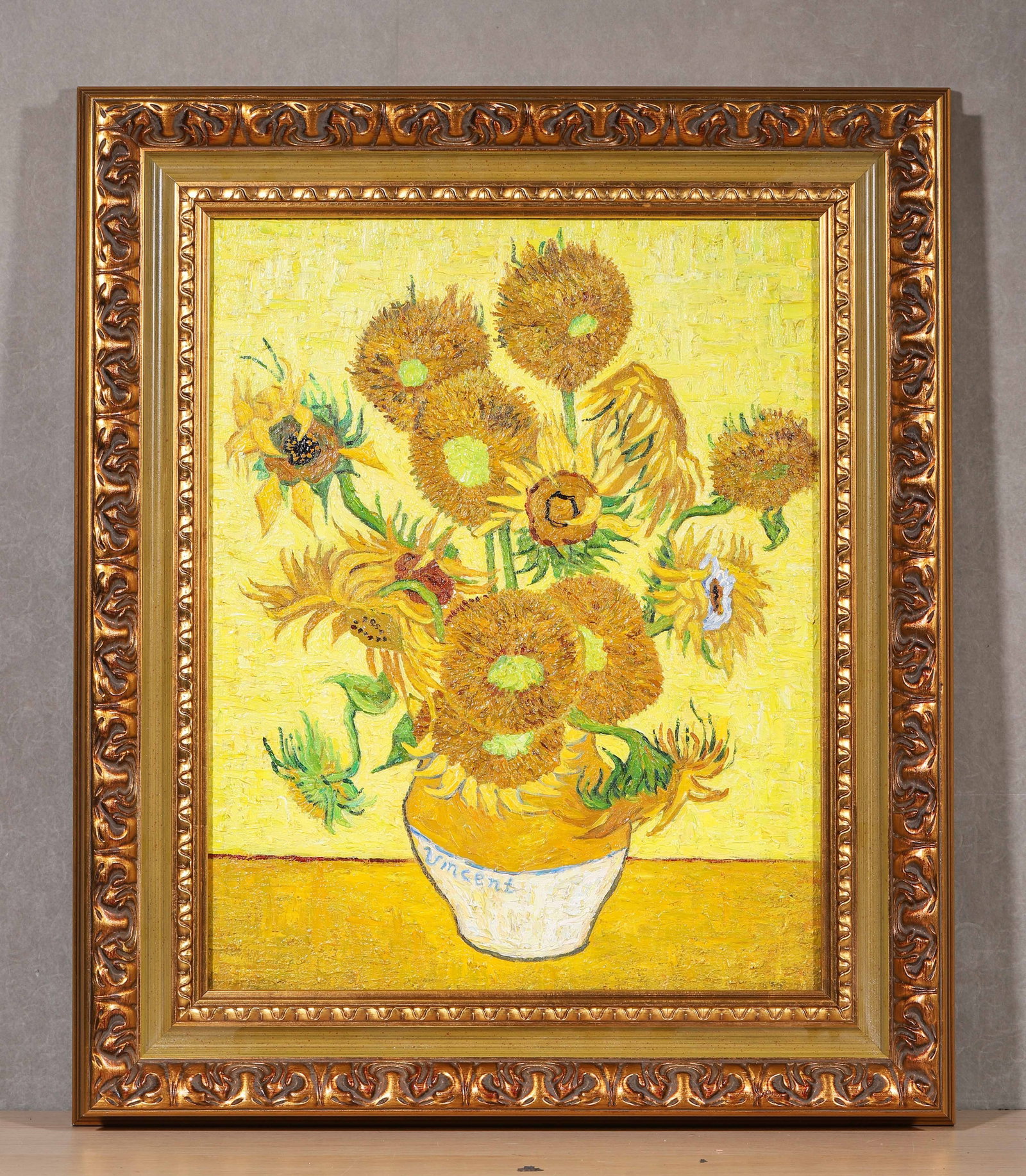 Vincent Van Gogh (Dutch, 1853-1890), in the manner of, Oil on Canvas, Sunflowers: Vincent van Gogh was a Dutch Post-Impressionist painter whose bold brushwork, vivid color and emotionally charged imagery made him one of the most influential figures in Western art history. Painted i