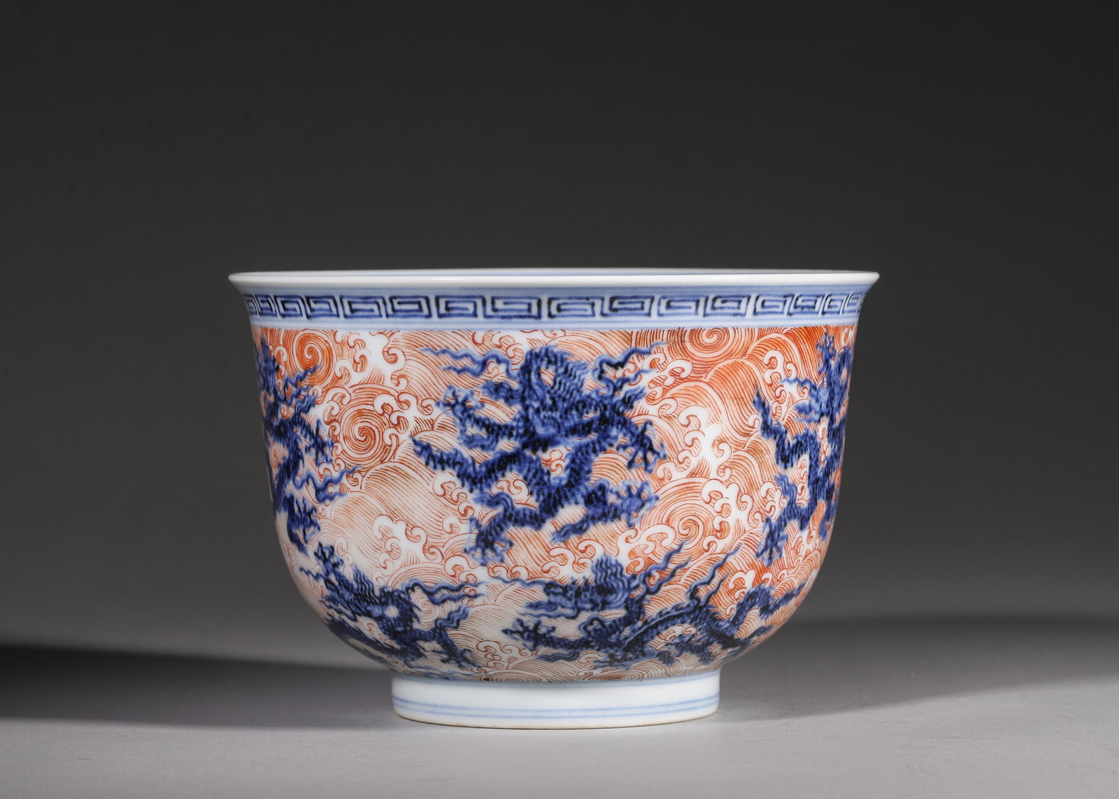 Ming Dynasty, Xuande Period, Underglaze Blue and Iron Red Nine-Dragon Bell-Shaped Bowl (1 of 9)