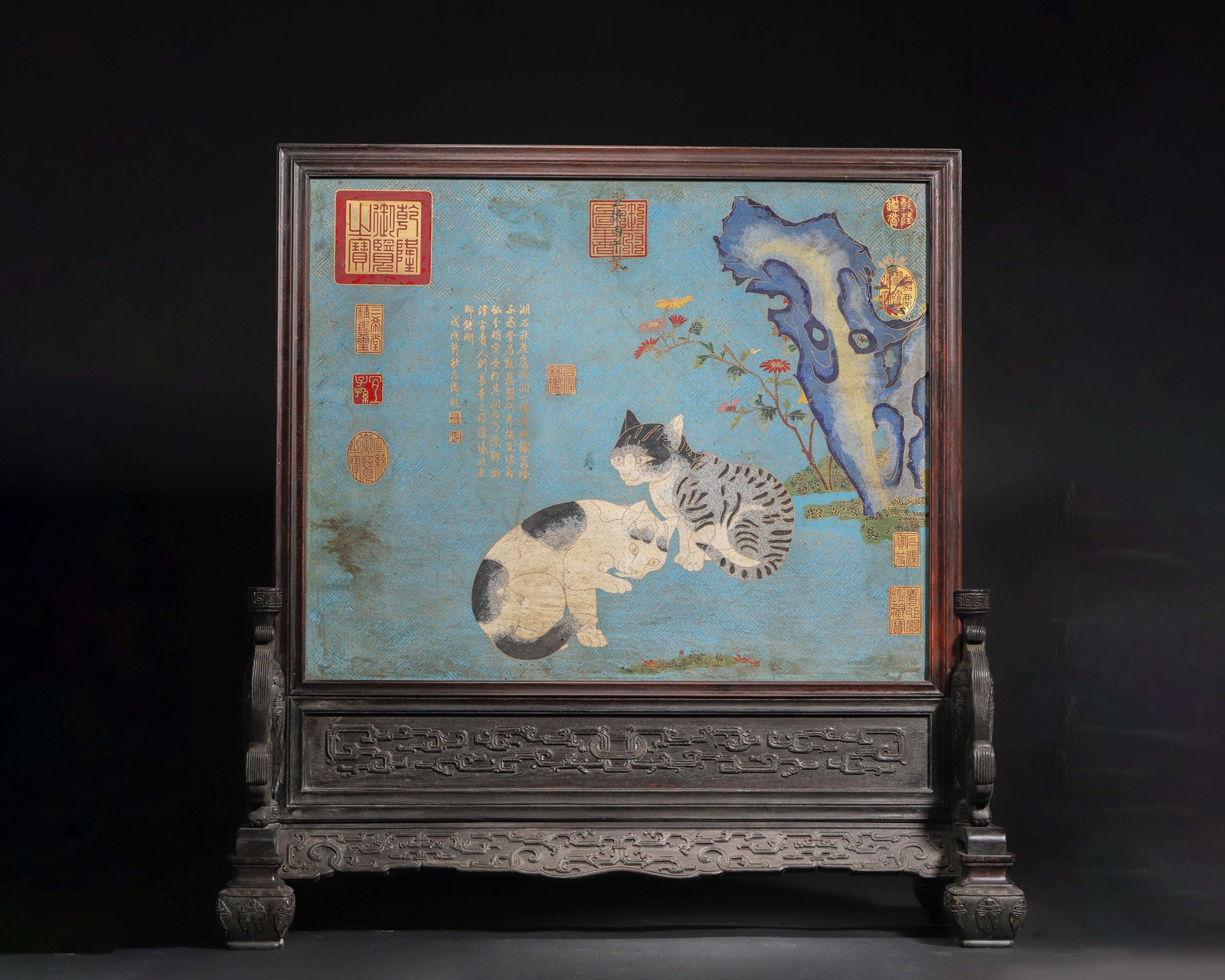 Qing Dynasty, Qianlong Period, Zitanwood Screen with Cloisonne "Cats and Butterflies" Motif: This imperial table screen, made during the Qianlong period, features a zitanwood frame and base. The front is inlaid with cloisonne enamel and mother of pearl in a 'cats and butterflies' motif, with 