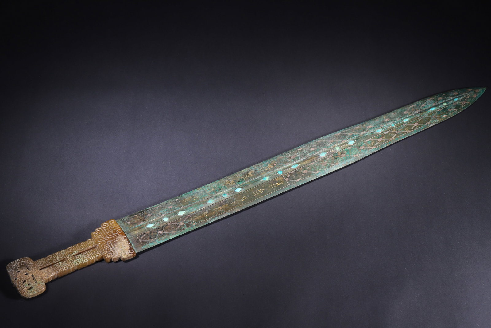 Spring and Autumn Period, Gold and Silver Inlaid Bronze Ornament with Jade Hilt (1 of 13)