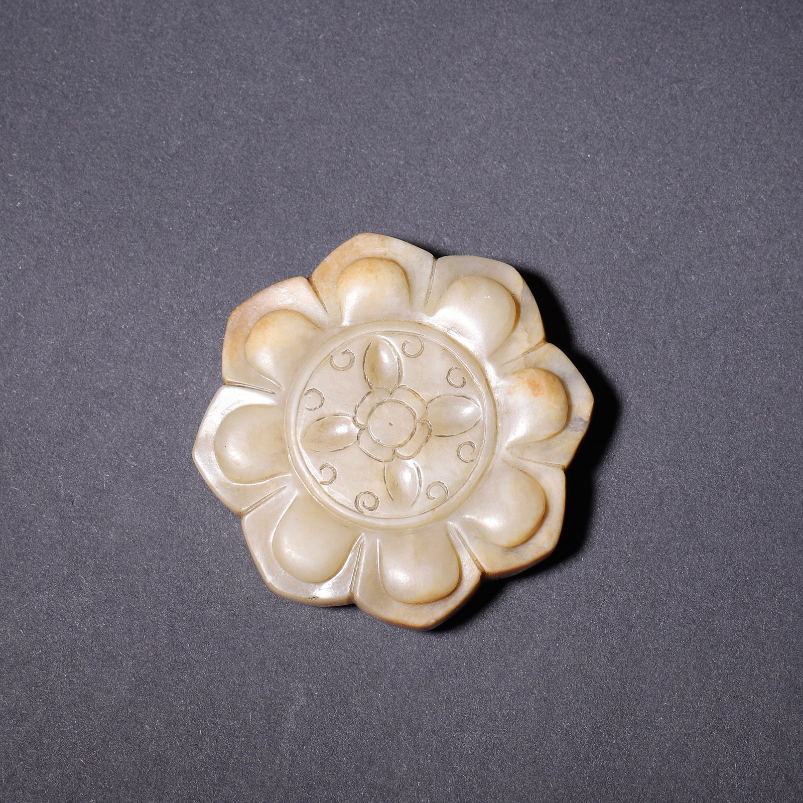 Qing Dynasty Hetian White Jade Buddhist Pendant in the Shape of an Eight-Petaled Lotus with Natural (1 of 9)
