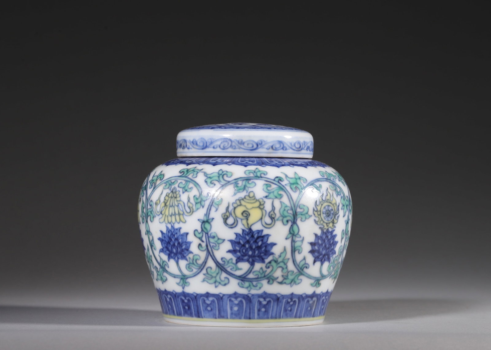 Ming Dynasty, Chenghua Period, Doucai Covered Jar with Lotus and Buddhist Treasures Motifs (1 of 7)