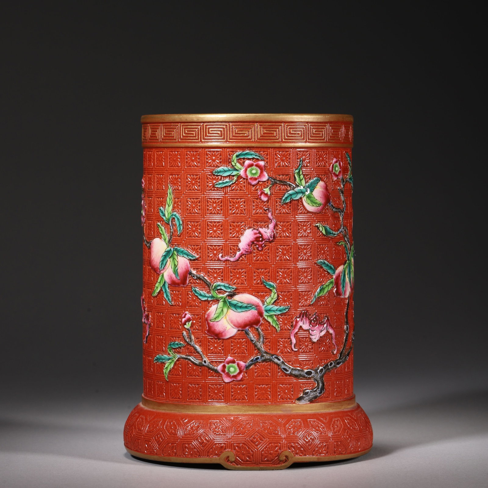 Qing Dynasty, Qianlong Period, Coral-Red Brush Pot with Peach and Bat Motifs (1 of 8)