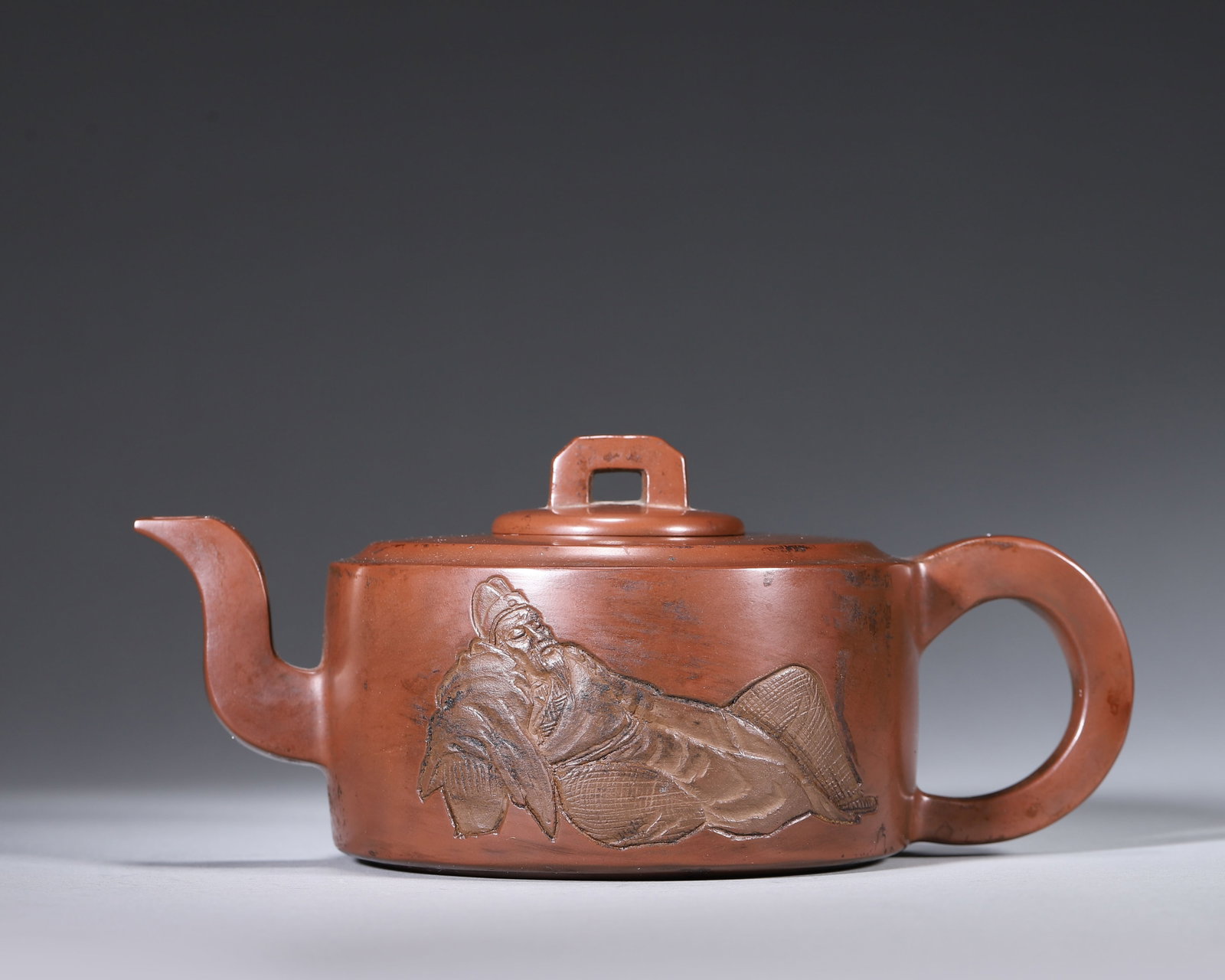 Zisha Teapot with Relief Figure and Poem Inscription, Qing Dynasty (1636-1912) (1 of 9)