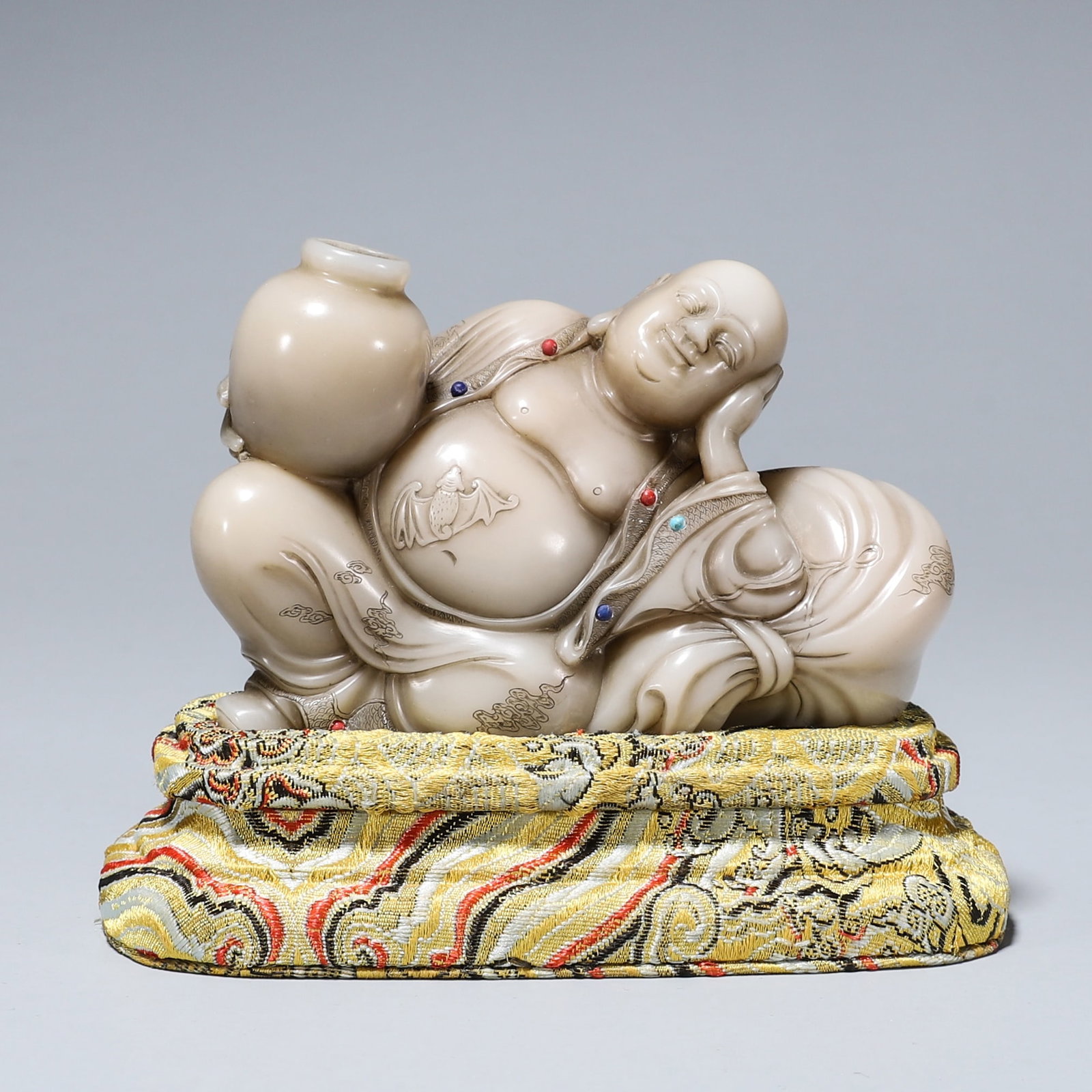 Shoushan Stone Inlaid Maitreya Reclining Figure, Qing Dynasty, 1636-1912 (1 of 5)