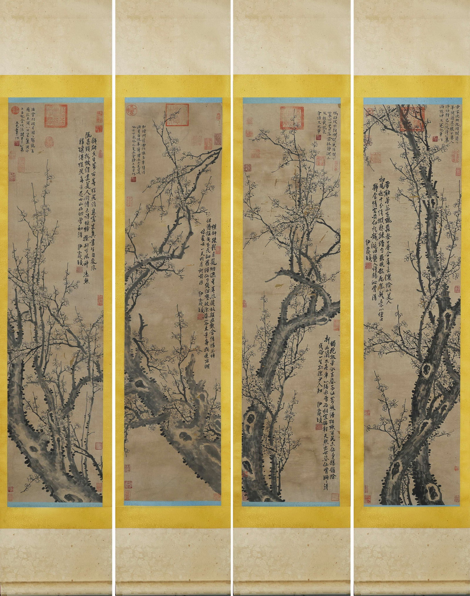 Yuan Dynasty, Wang Mian, Four Hanging Scrolls, "Plum Blossoms in Four Seasons" (1 of 9)