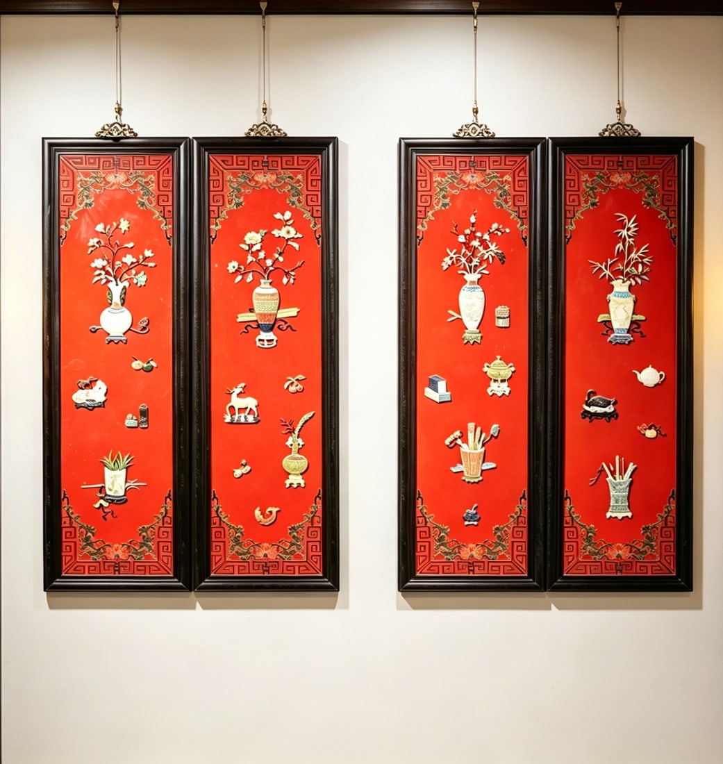 Qing Dynasty, Set of Four Red Lacquer 'Antiquities and Flowers' Inlaid Panels: A set of four Qing Dynasty panels with hundred treasure inlay. Features jade, agate and lapis lazuli depicting seasonal flowers and antiquities on red lacquer grounds, framed with gold painted geometr