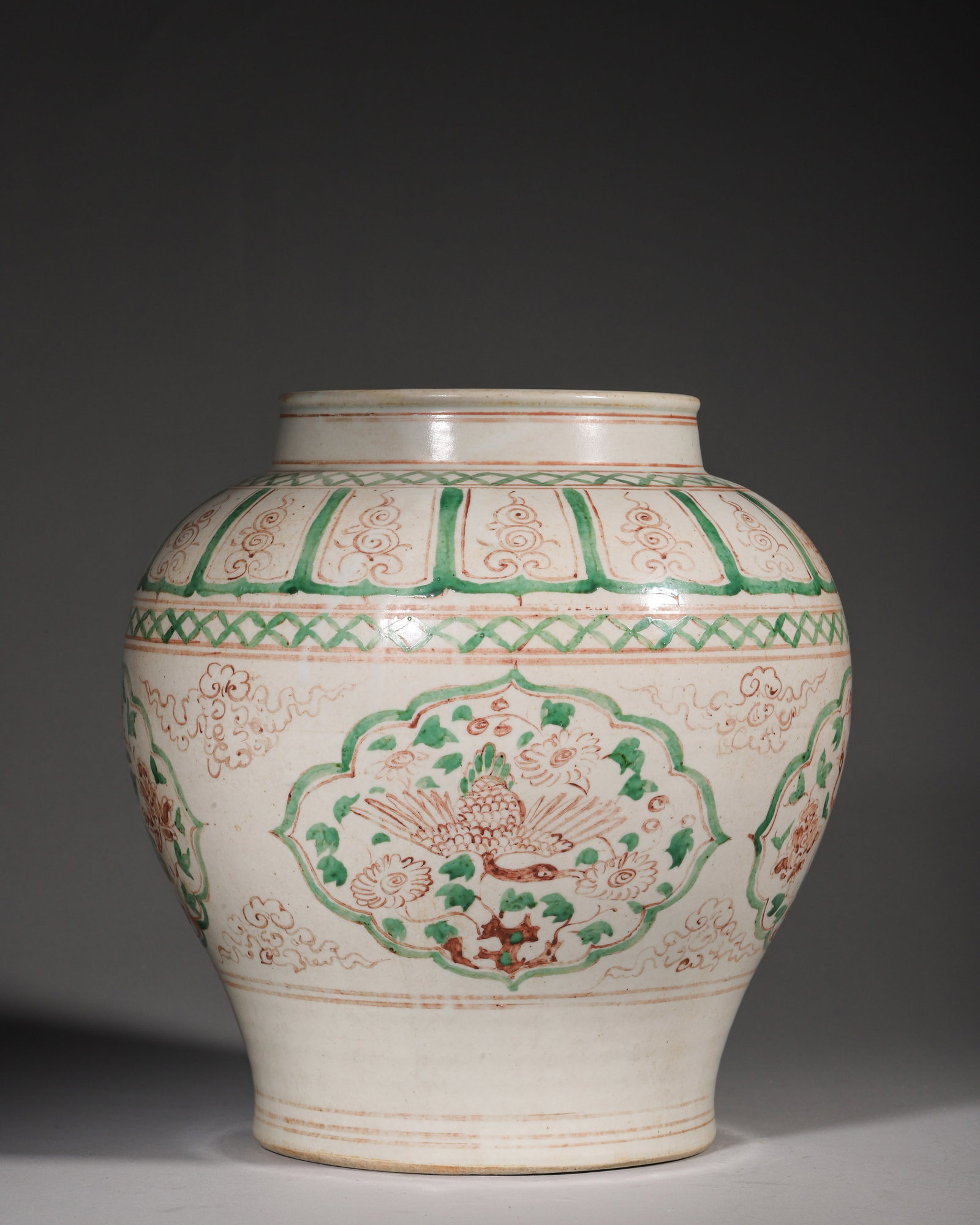Yuan Dynasty, Red and Green Enamel Jar with Peacock and Crane Panels (1 of 8)