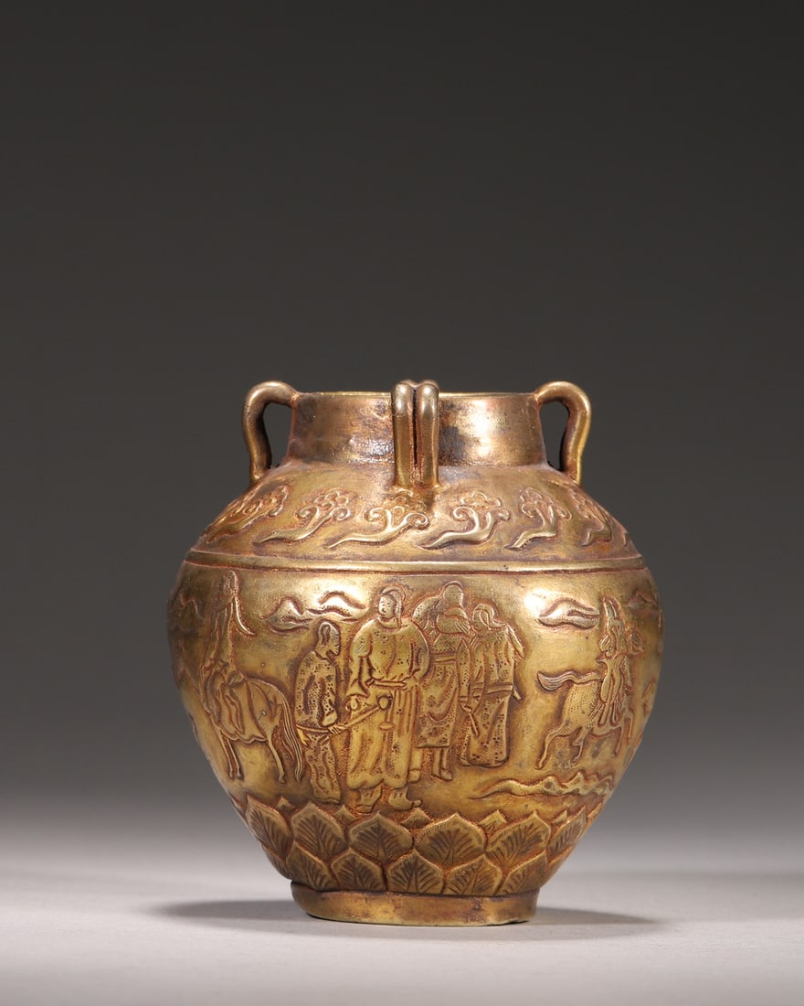 A Liao Dynasty Gilt Silver Four-Handled Jar with Hunting Scene Carvings (1 of 8)