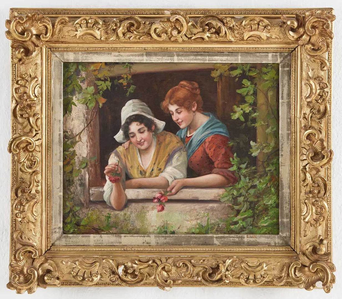 Late 19th Century, French Figure Painting: Oil painting on wooden panel, framed in solid wood with gold leaf. The artwork depicts two young women by a window, rendered in soft colors and rich detail, signed at the lower right corner. Overall i