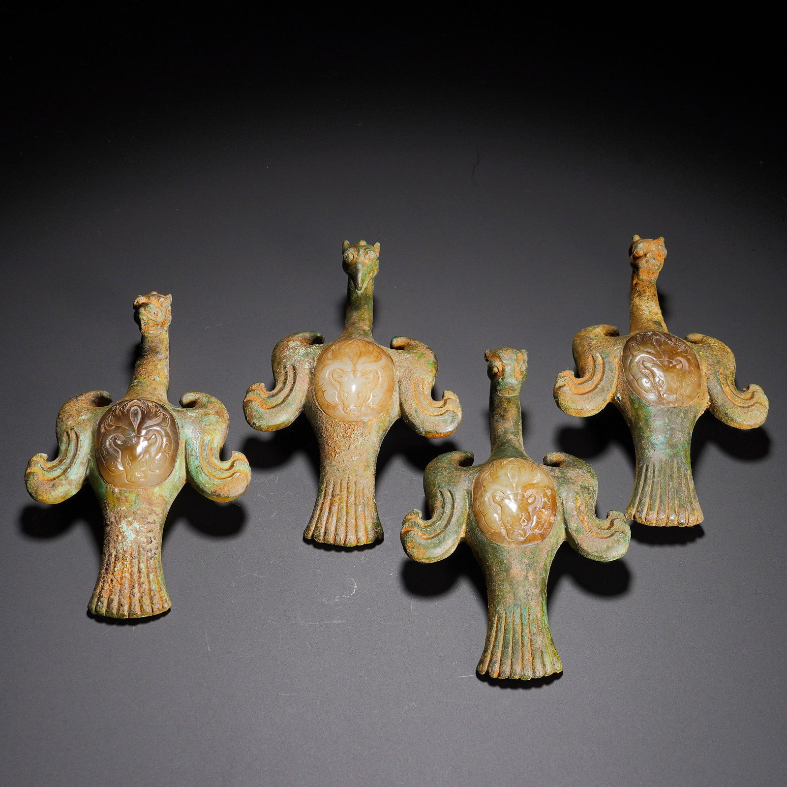 Han Dynasty, Set of Four Bronze Inlaid Jade Bird Ornaments (1 of 10)