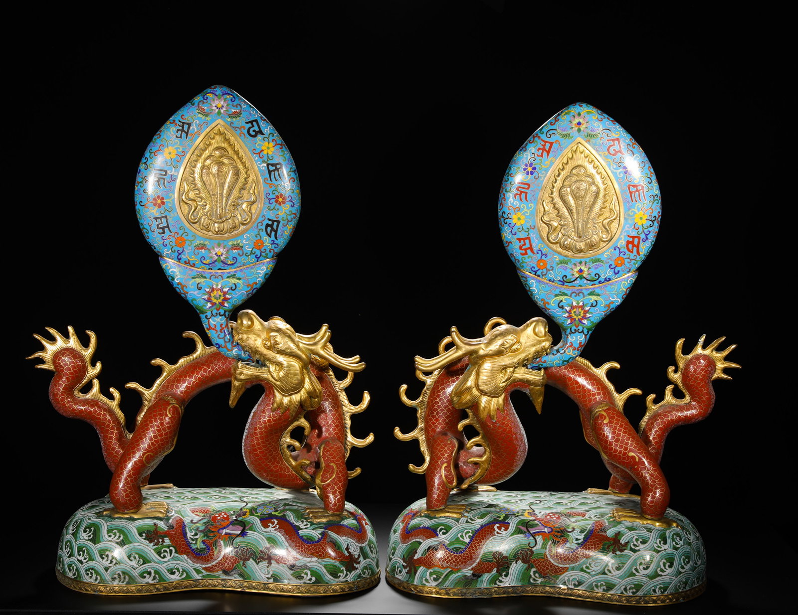 Qing Dynasty, Copper Cloisonne Enamel Dragon Pattern Mani Treasure Ornament: A pair of Qing Dynasty palace-style cloisonne ornaments featuring dragons and the wish-fulfillling jewel (Cint??ma?i), showcasing careful workmanship and ornate decoration. Each ornament stands on a b