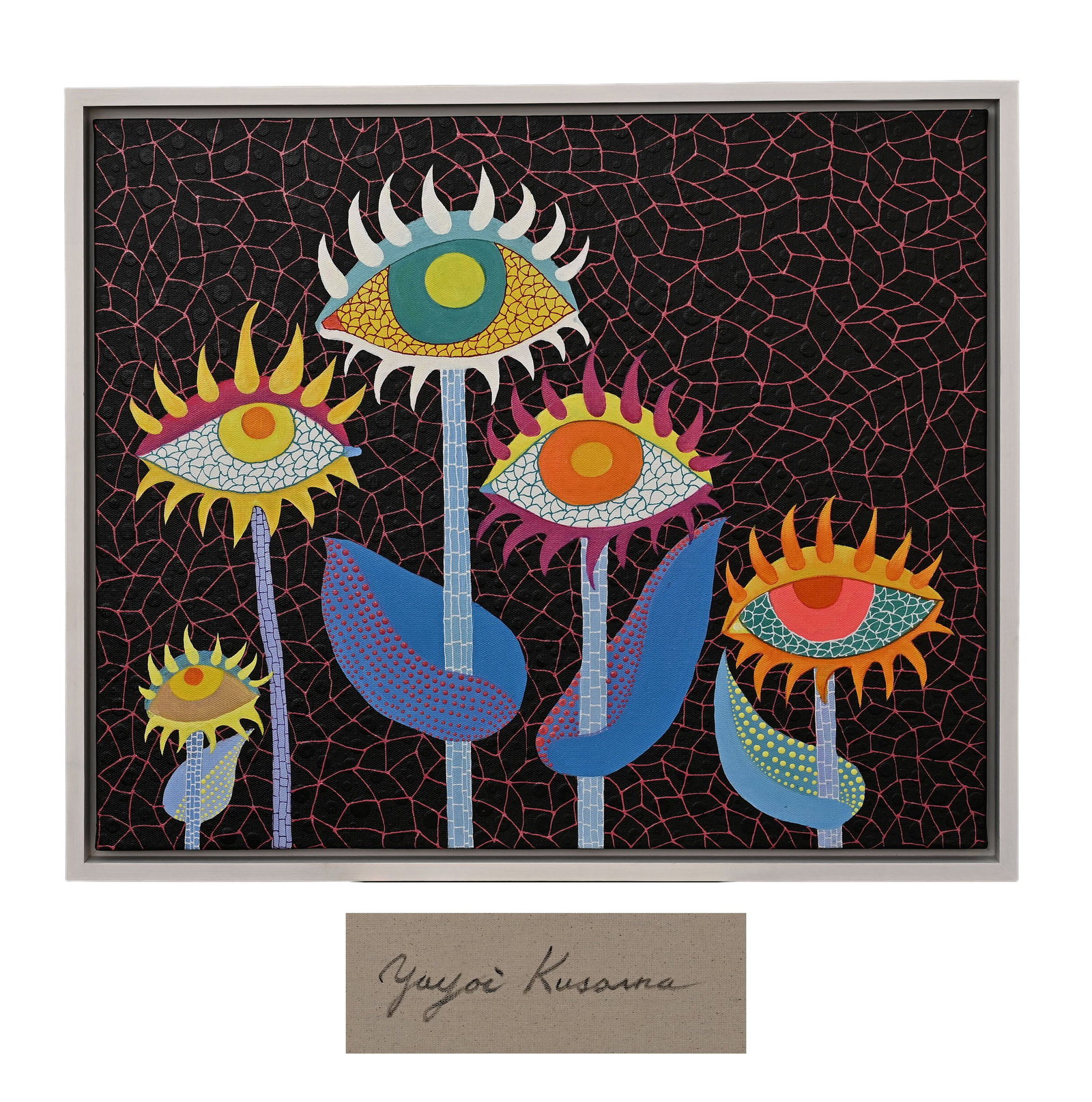 In the Manner of Yayoi Kusama (Japanese, 1929-2026), Acrylic on Canvas: The work retains original canvas and period frame with natural signs of age. The painting surface is clean and stable, without visible tear, hole, heavy craquelure or restoration. The overall preserva
