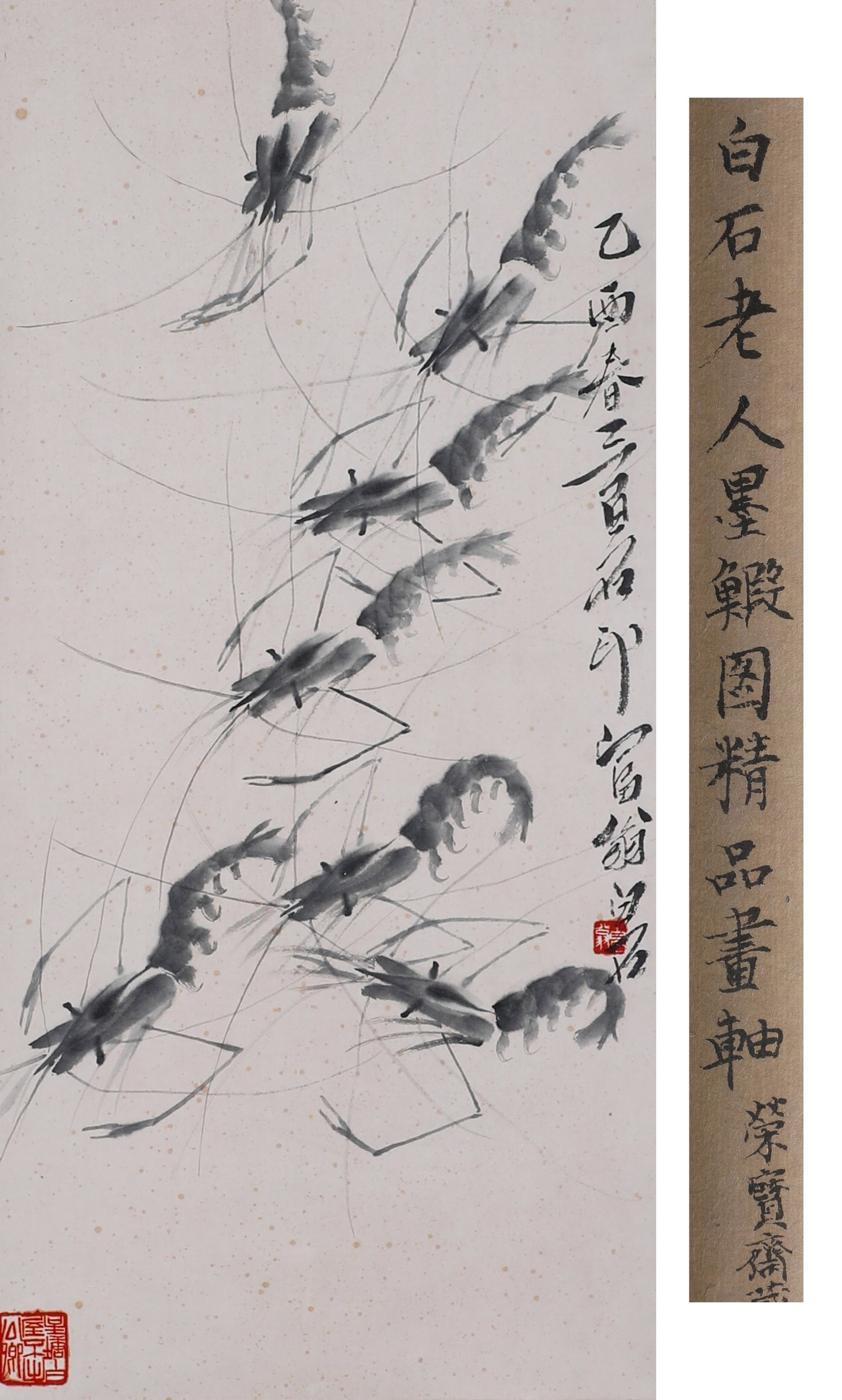 Fine Vertical Scroll of Qi Bai's Graphite Shrimp Painting: Fine Vertical Scroll of Qi Bai's Graphite Shrimp Painting, in good, presentable condition. Dimensions: Height: 85cm (33.46in), Width: 38cm (14.96in) Item description ? The East is Red Auctions