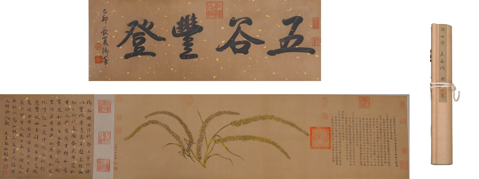 Qing Dynasty, Scroll Depicting a Bountiful Harvest by Lang Shining (1688-1766): The scroll depicts plump vigorous millet ears with exquisite realistic textures of grains and stalks, integrating Western light-shadow realistic techniques with traditional Chinese color brush art. Wi