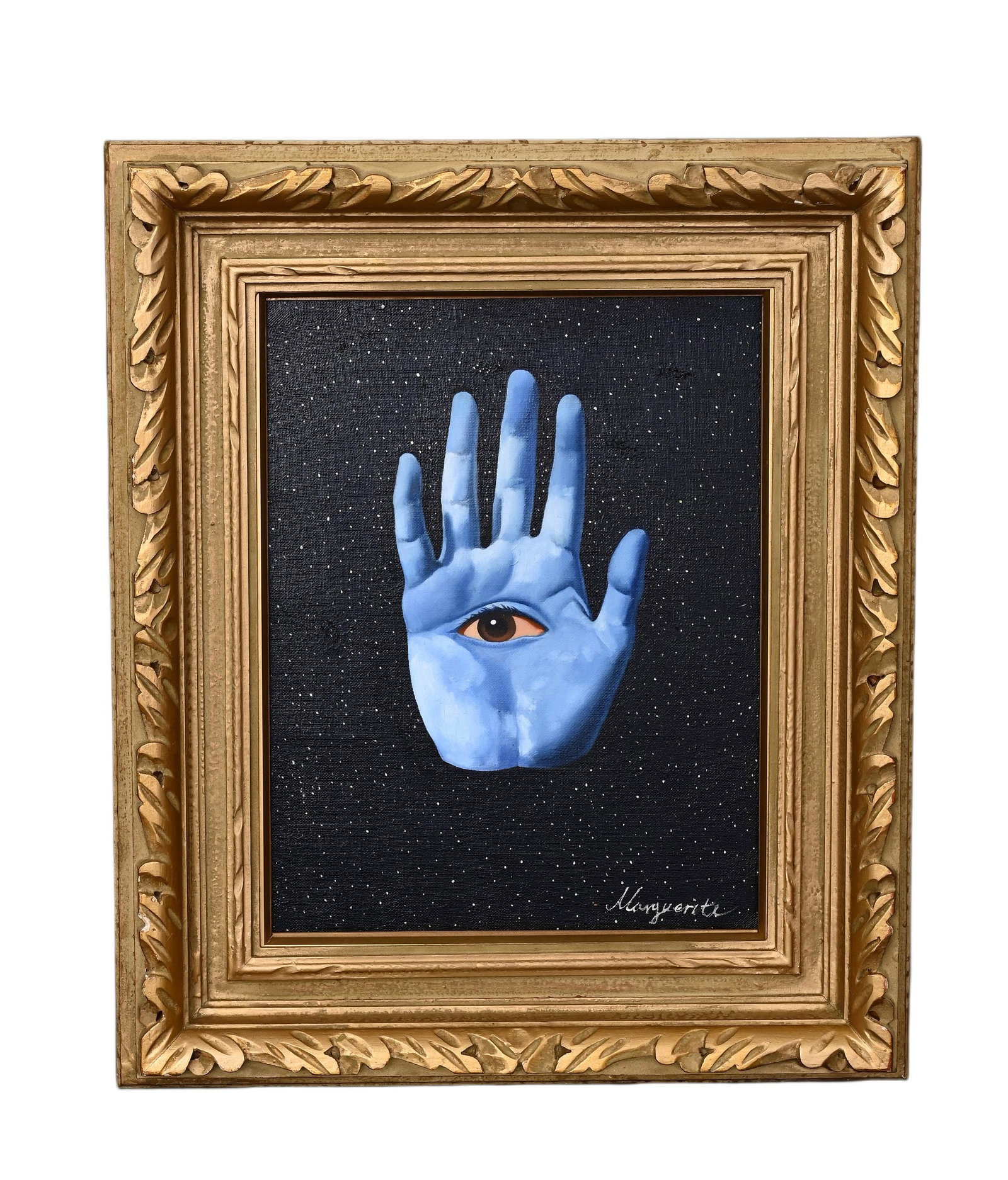 In the Manner of Rene Magritte (Belgian, 1898-1967), Oil on Canvas: The work retains original canvas and period frame with natural signs of age. The painting surface is clean and stable, without visible tear, hole, heavy craquelure or restoration. The overall preserva