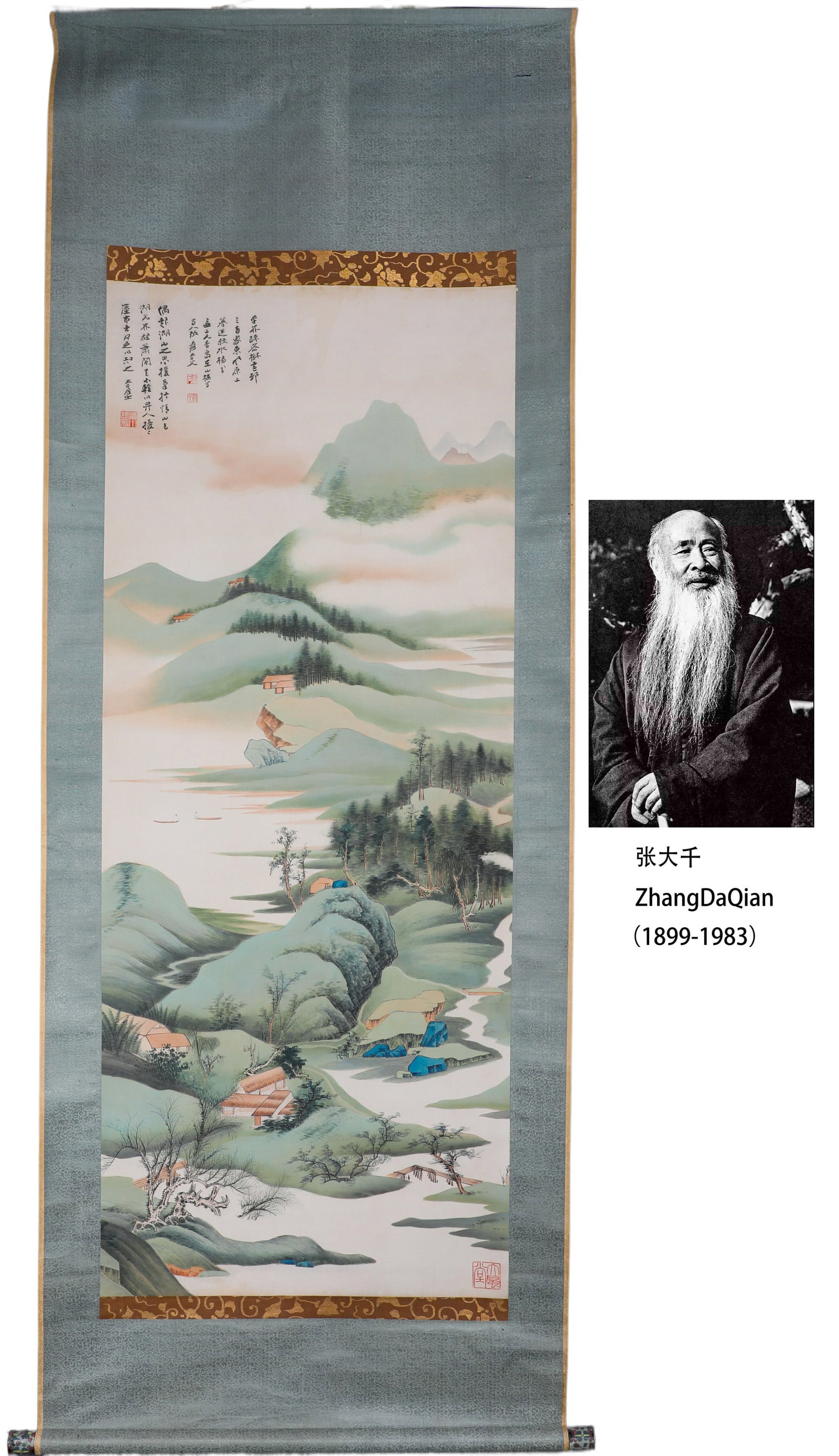 Zhang Daqian's Green Mountains and Clear Waters Vertical Scroll: Green Landscape by Zhang Daqian, painted with vivid colors depicting Jiangnan lakes and mountains, features clear and elegant brushwork. It is a representative work of his archaistic green landscape p