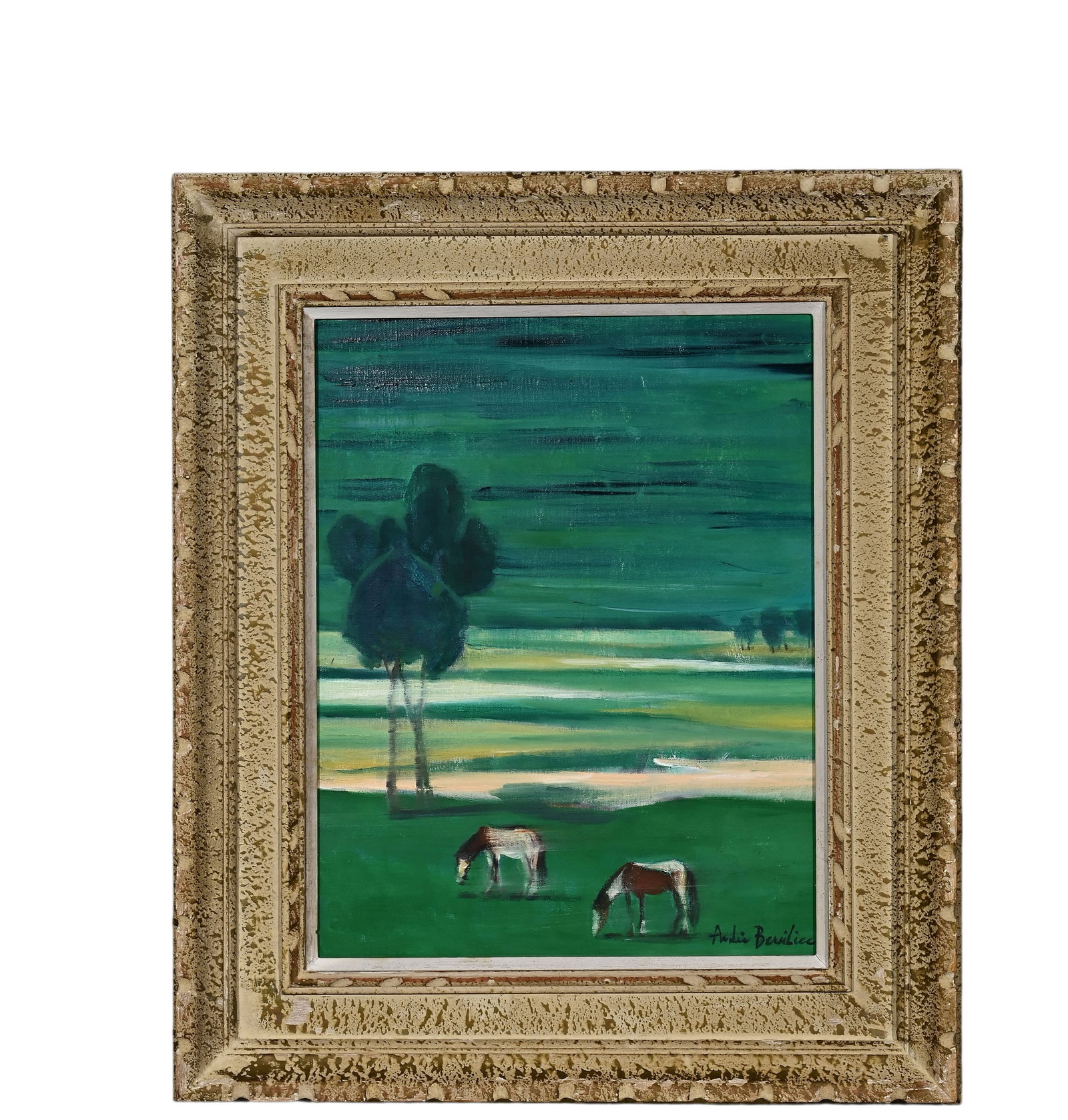 In the Manner of Andre Brasilier (French, b. 1929), Oil on Canvas: The work retains original canvas and period frame with natural signs of age. The painting surface is clean and stable, without visible tear, hole, heavy craquelure or restoration. The overall preserva