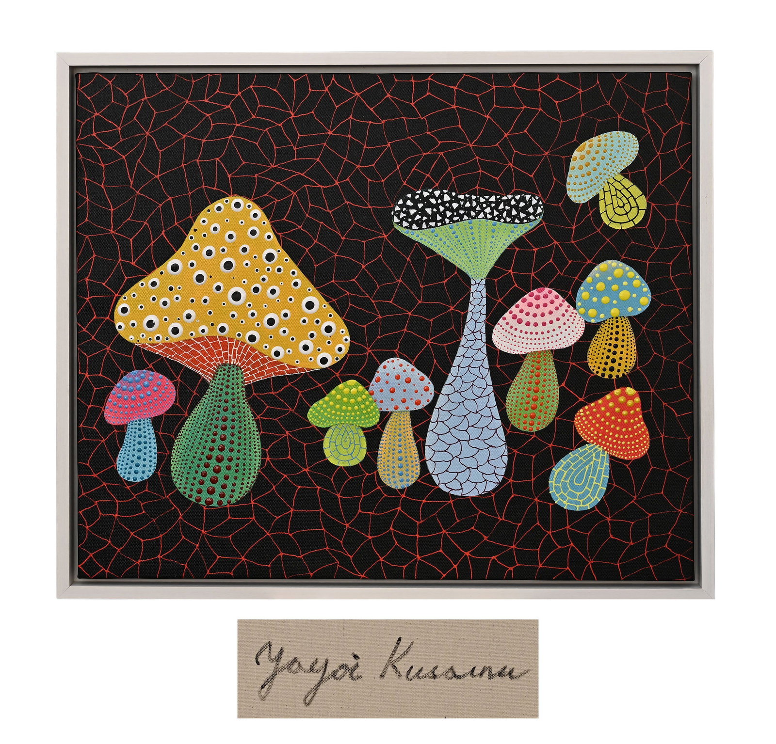 In the Manner of Yayoi Kusama (Japanese, 1929-2026), Acrylic on Canvas: The work retains original canvas and period frame with natural signs of age. The painting surface is clean and stable, without visible tear, hole, heavy craquelure or restoration. The overall preserva