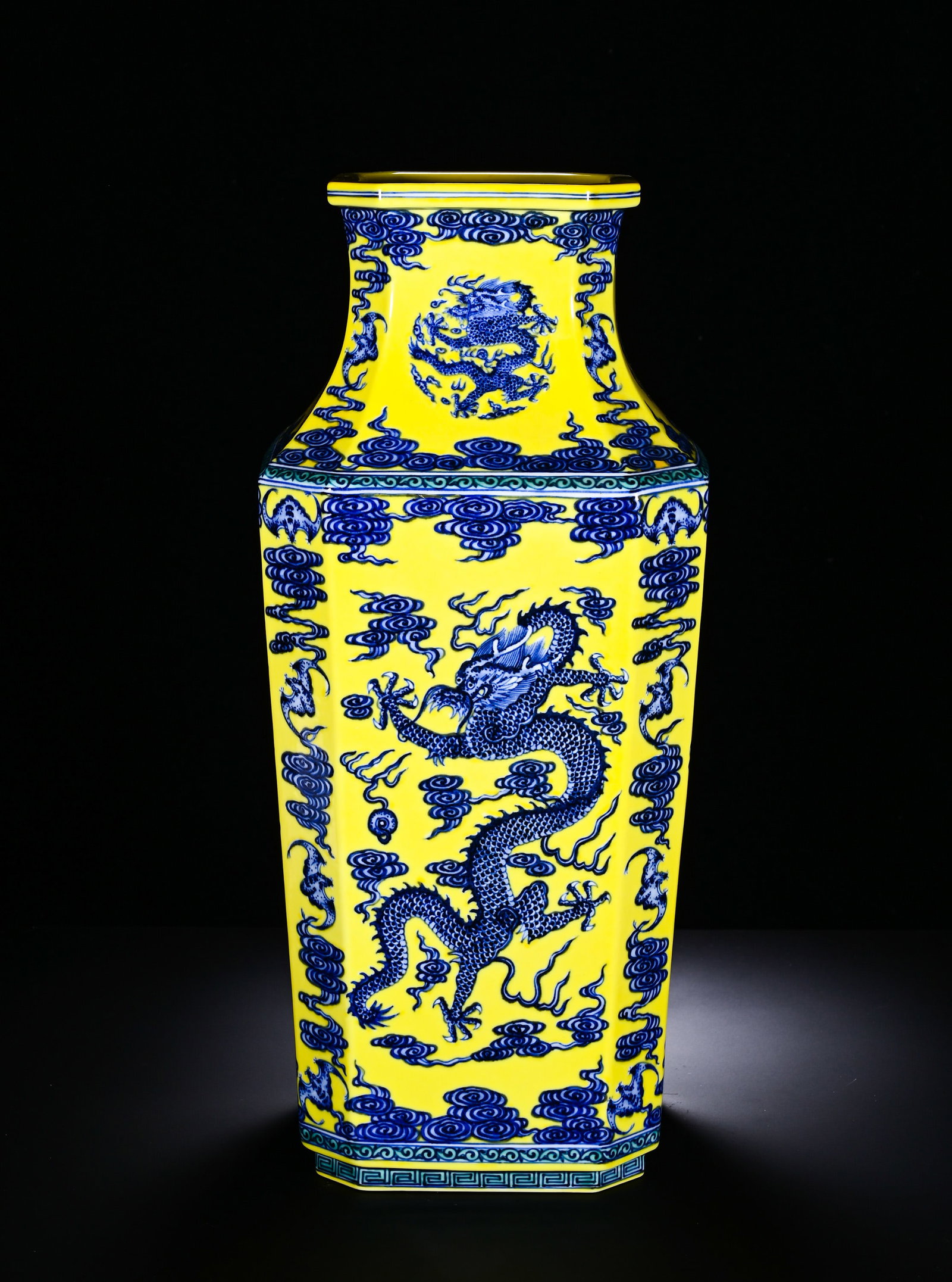 Qing Dynasty, Qianlong Period, Yellow Ground Blue and White Cloud Dragon Pattern Octagonal Vase (1 of 7)