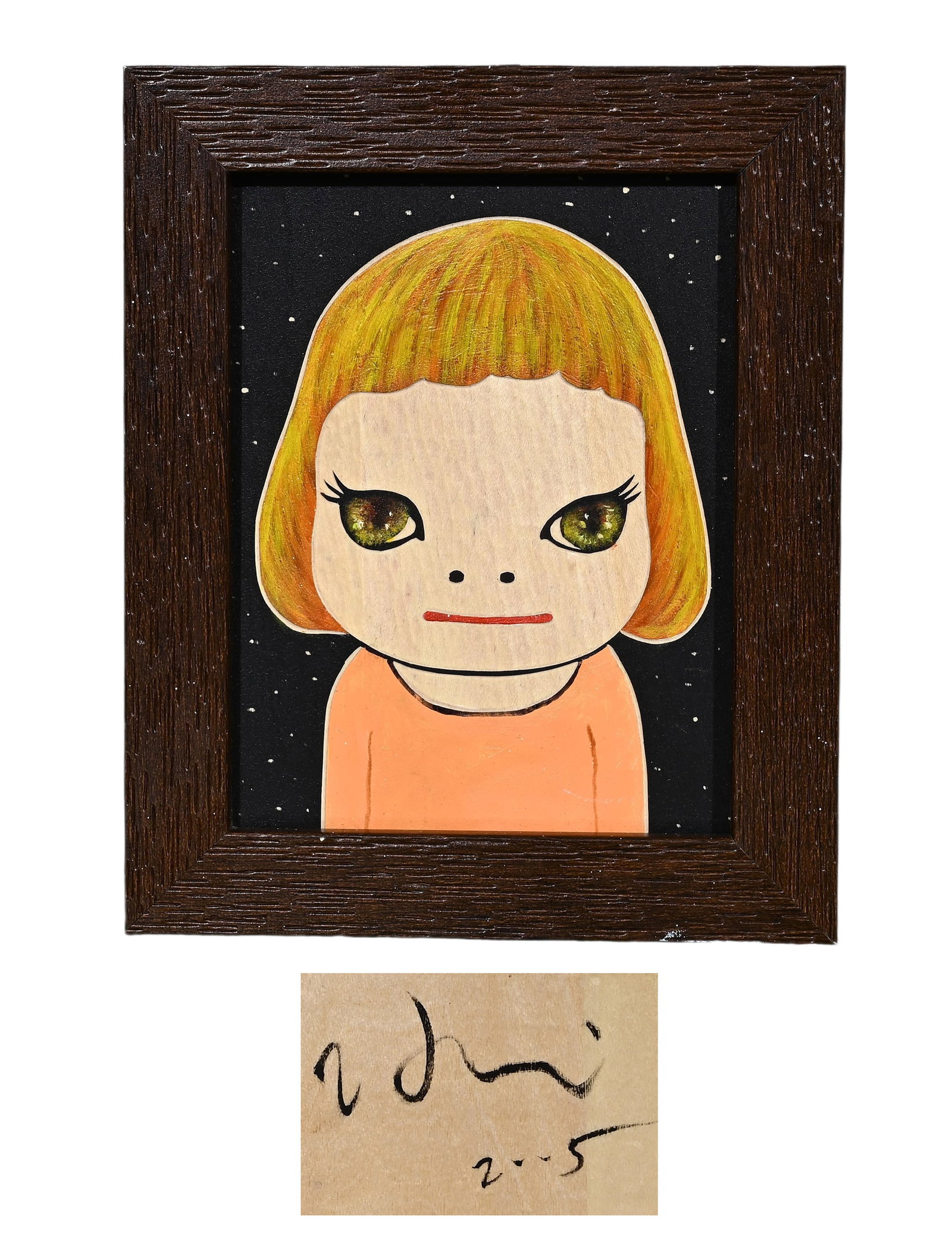 In the Manner of Yoshitomo Nara (Japanese, b. 1959), Wood Carving: The work retains original canvas and period frame with natural signs of age. The painting surface is clean and stable, without visible tear, hole, heavy craquelure or restoration. The overall preserva