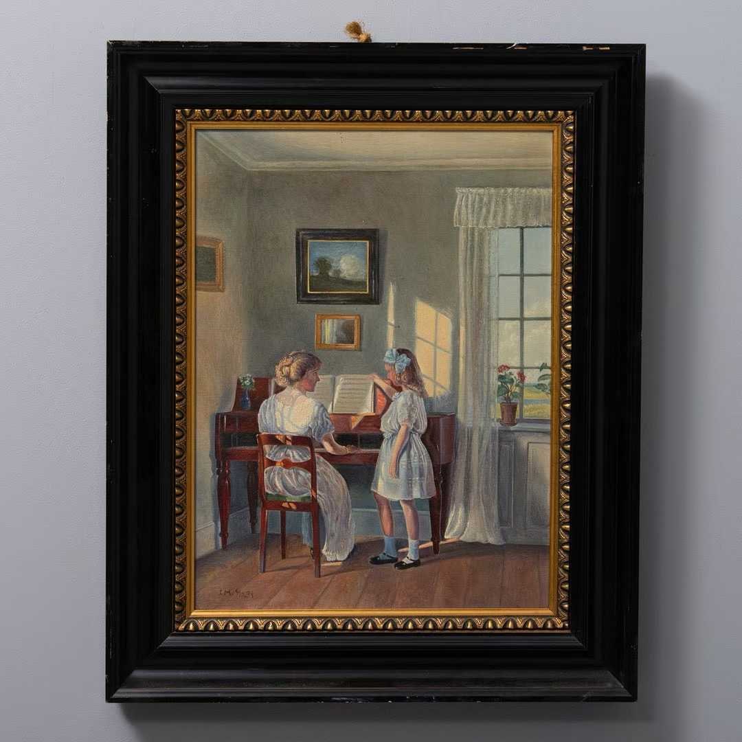 German Interior Figure Painting in 1931: The painting depicts a warm scene of a mother and daughter by a piano, an oil on canvas work framed in a solid wood gilded frame. The lower right corner bears the artist's signature "J. M." and the ye